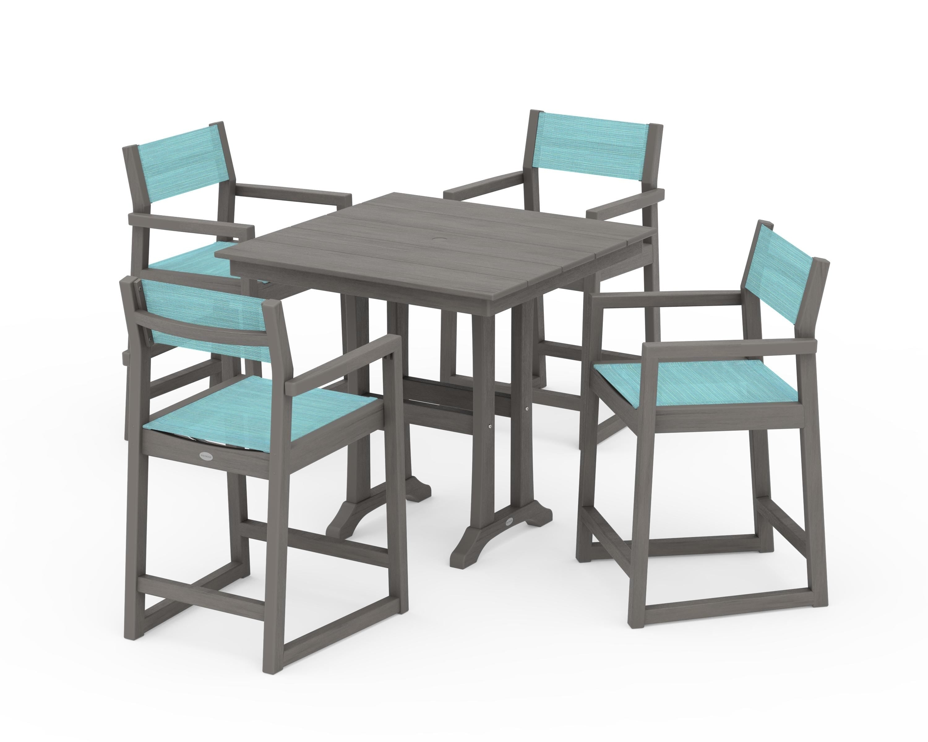 POLYWOOD EDGE Sling Arm Chair 5-Piece Farmhouse Counter Set with Trestle Legs in Driftwood / Dupioni Aquamarine Sling