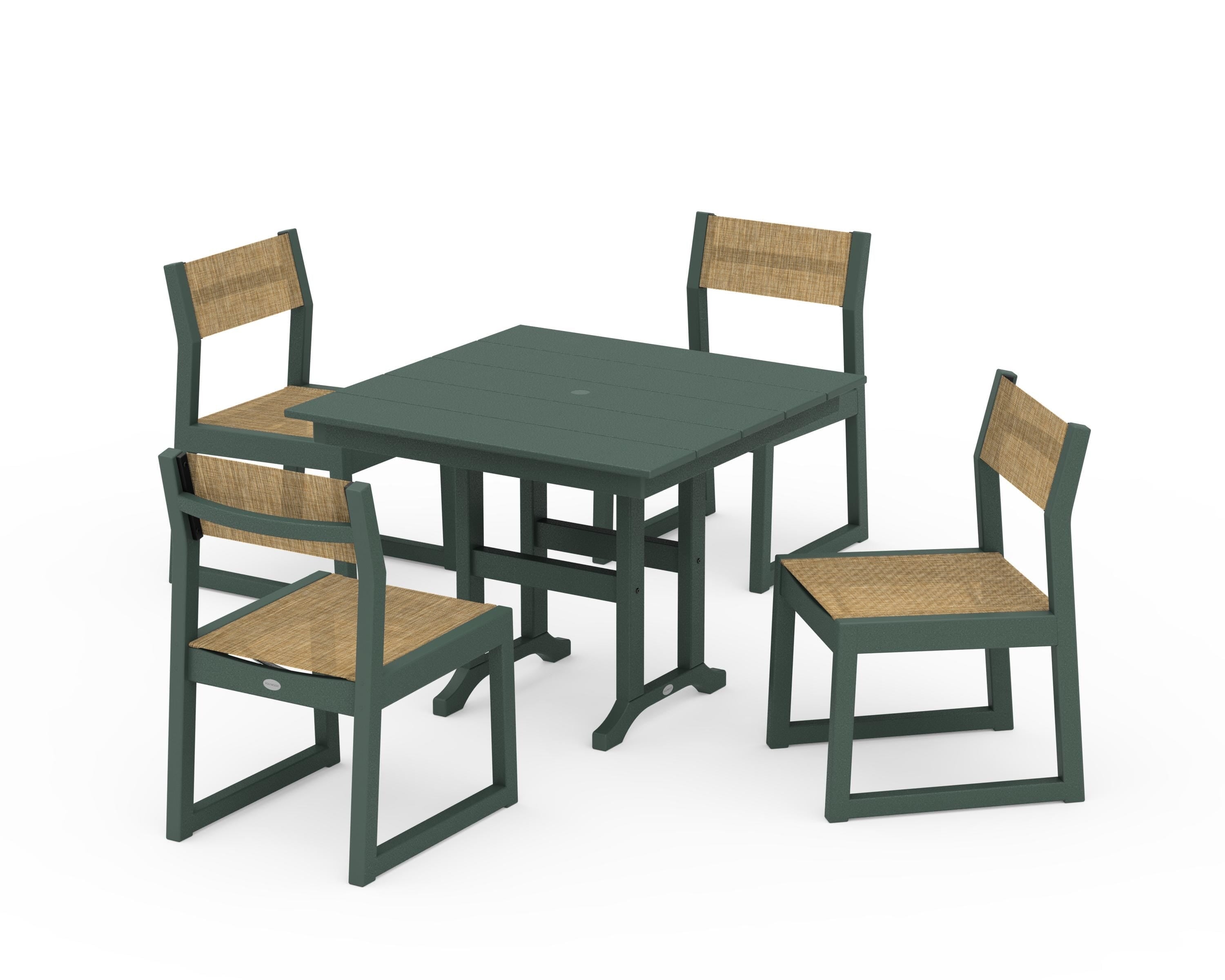 POLYWOOD EDGE Sling Side Chair 5-Piece Farmhouse Dining Set in Green / Burlap Sling