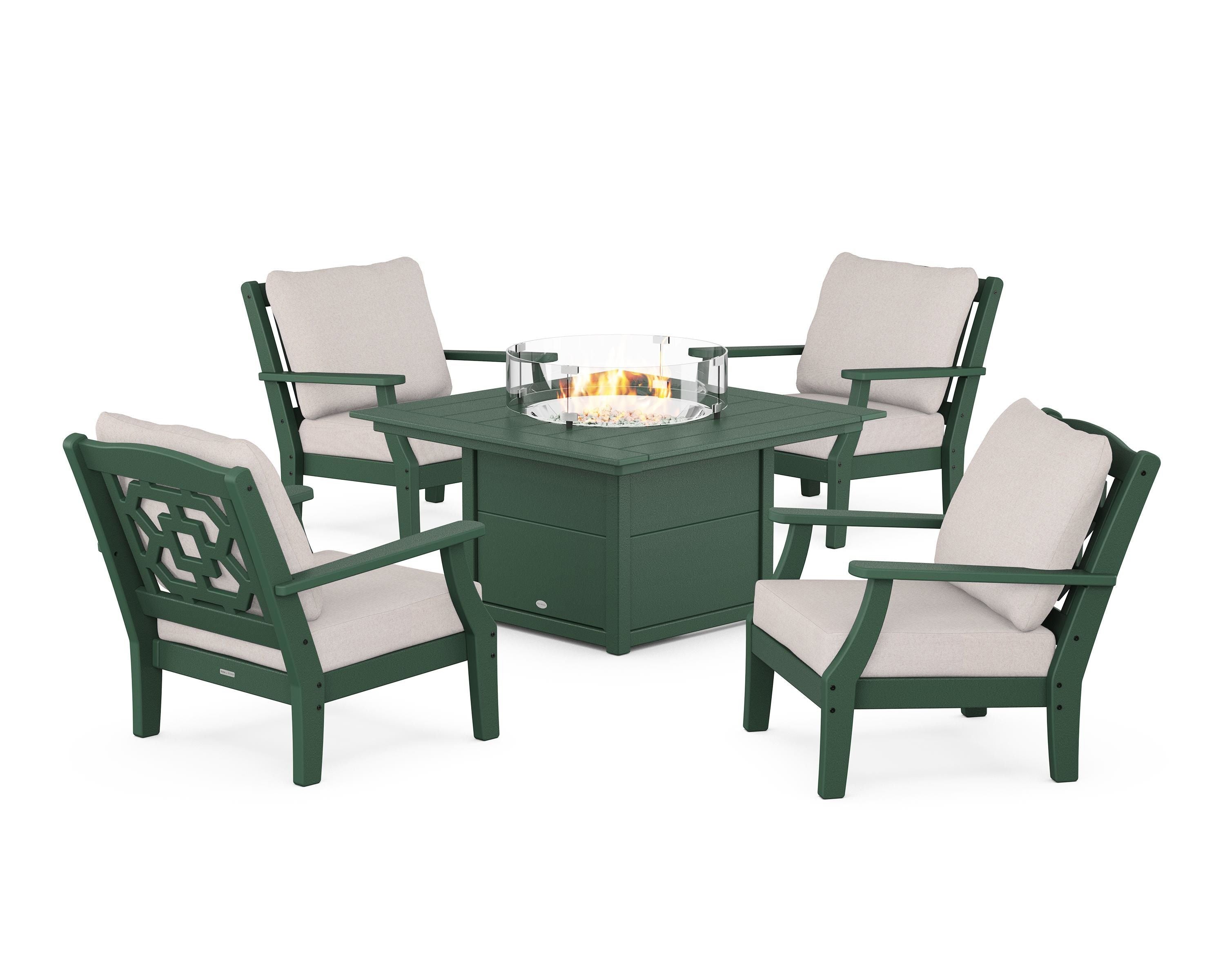 Martha Stewart by POLYWOOD Chinoiserie 5-Piece Deep Seating Set with Fire Pit Table in Green / Dune Burlap