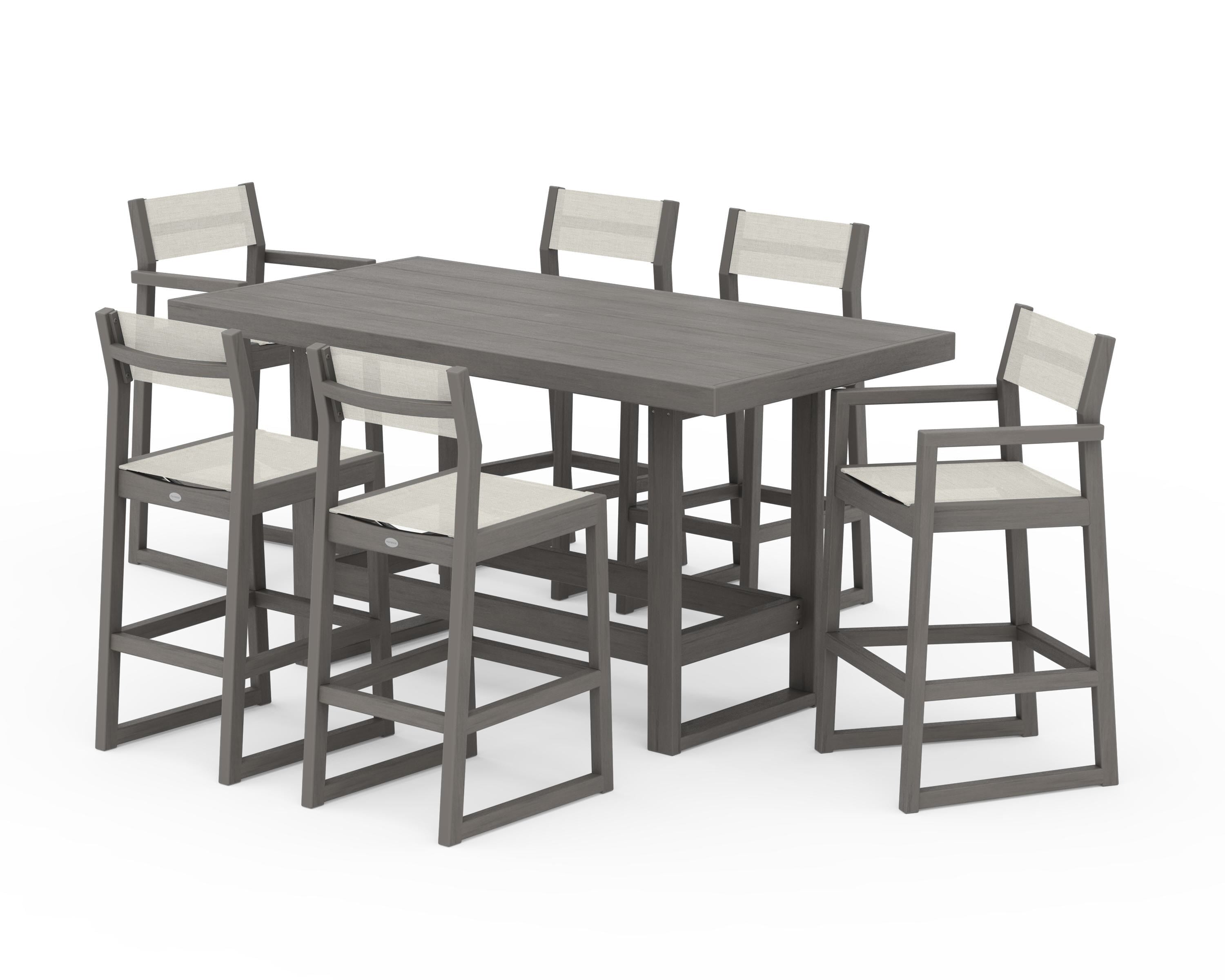 POLYWOOD EDGE Sling 7-Piece Bar Table Set in Driftwood / Parchment Sling