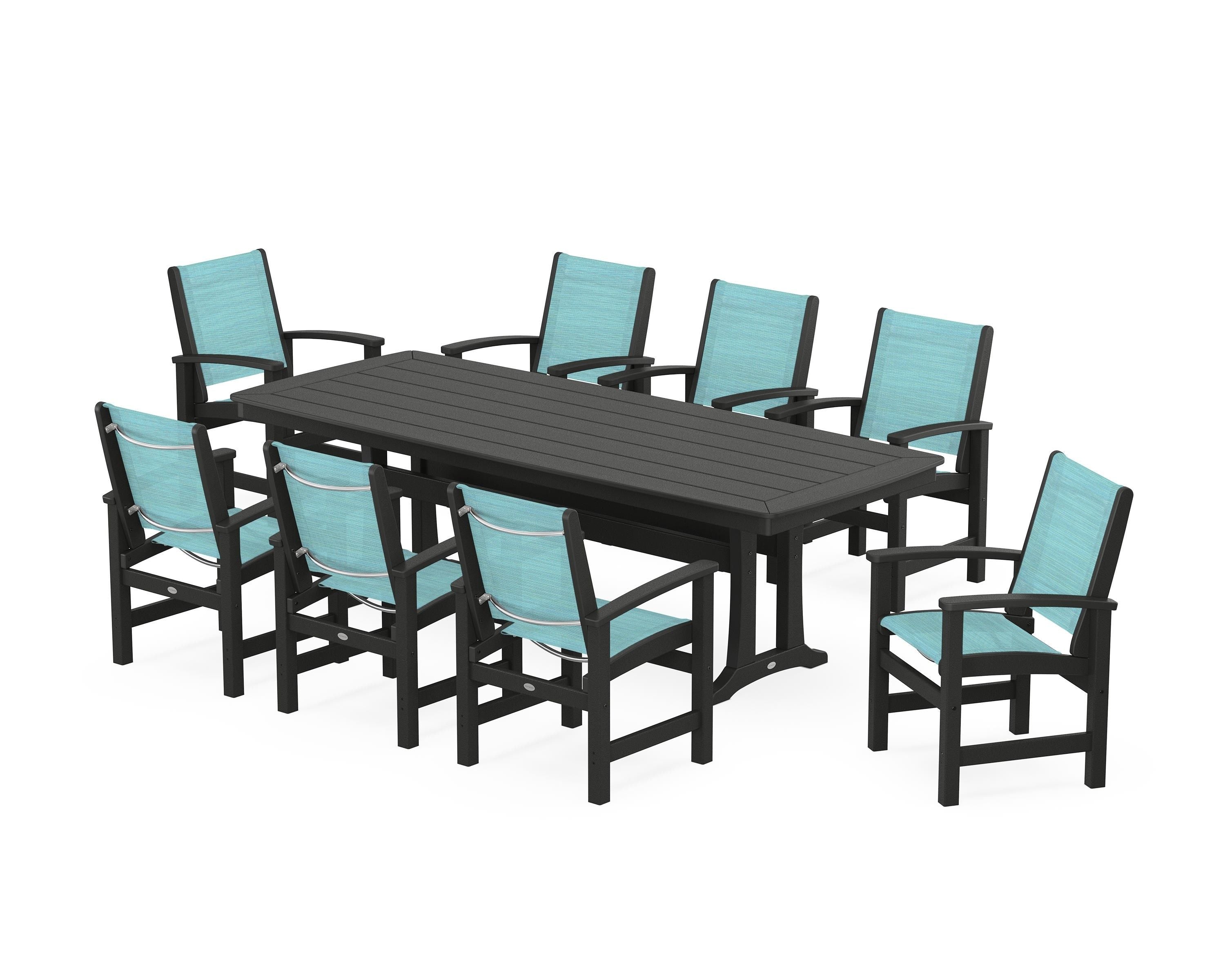 POLYWOOD Coastal 9-Piece Dining Set with Trestle Legs in Black / Dupioni Aquamarine Sling