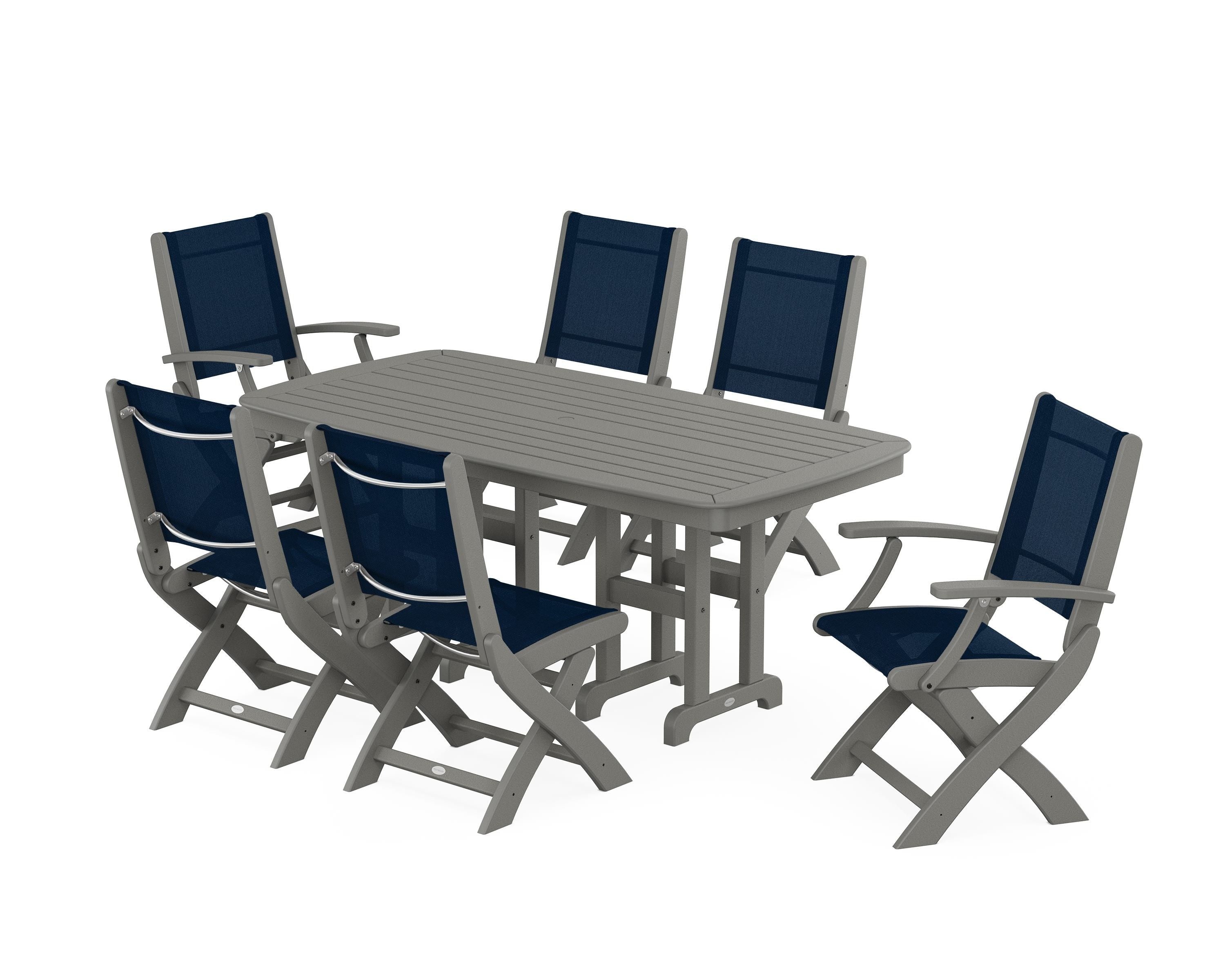 POLYWOOD Coastal Folding Chair 7-Piece Dining Set in Slate Grey / Navy Blue Sling