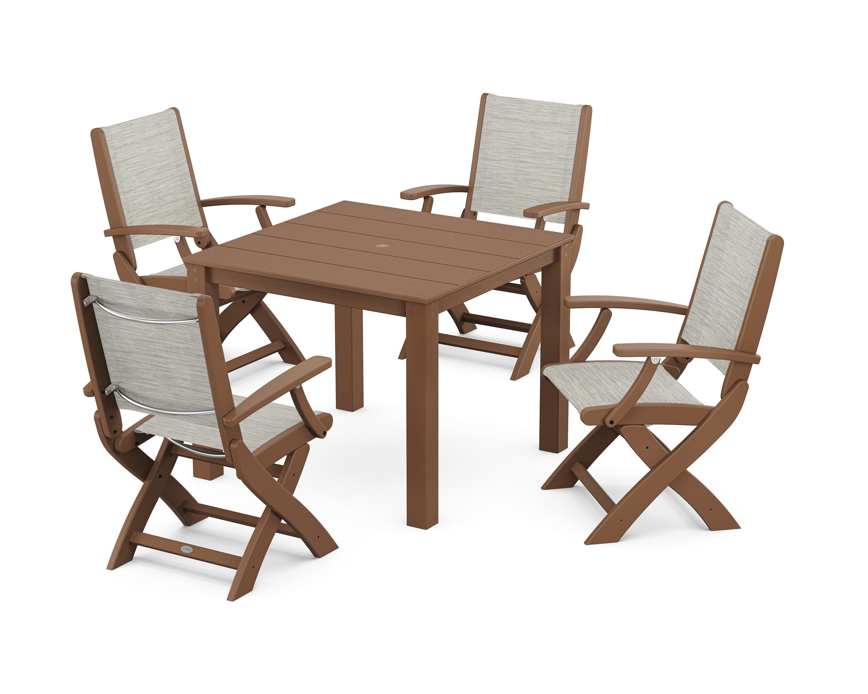 POLYWOOD Coastal Folding Chair 5-Piece Parsons Dining Set in Teak / Birch Sling