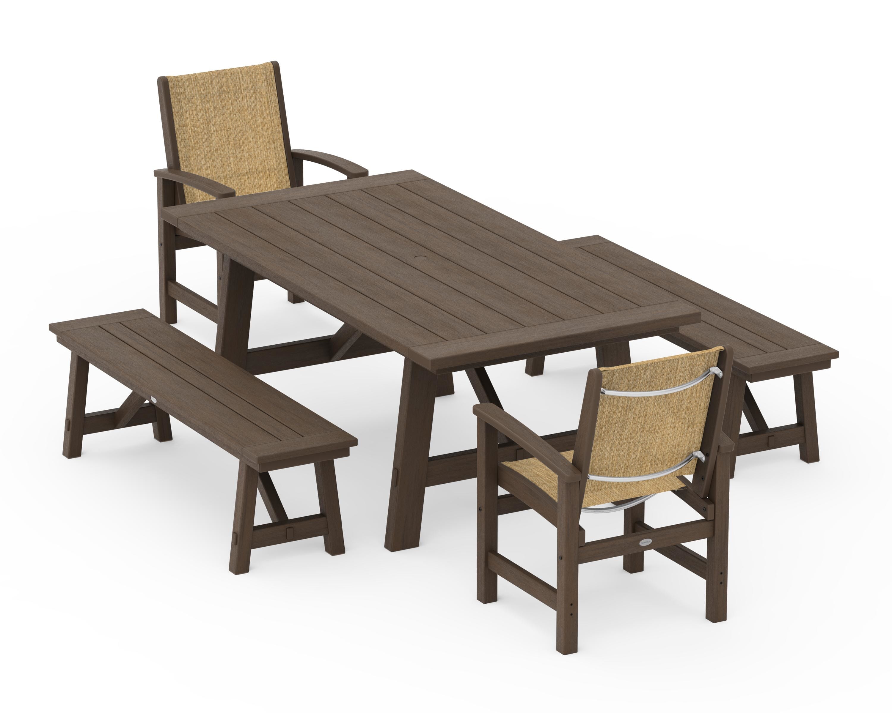 POLYWOOD Coastal 5-Piece Rustic Farmhouse Dining Set With Benches in Kona / Burlap Sling