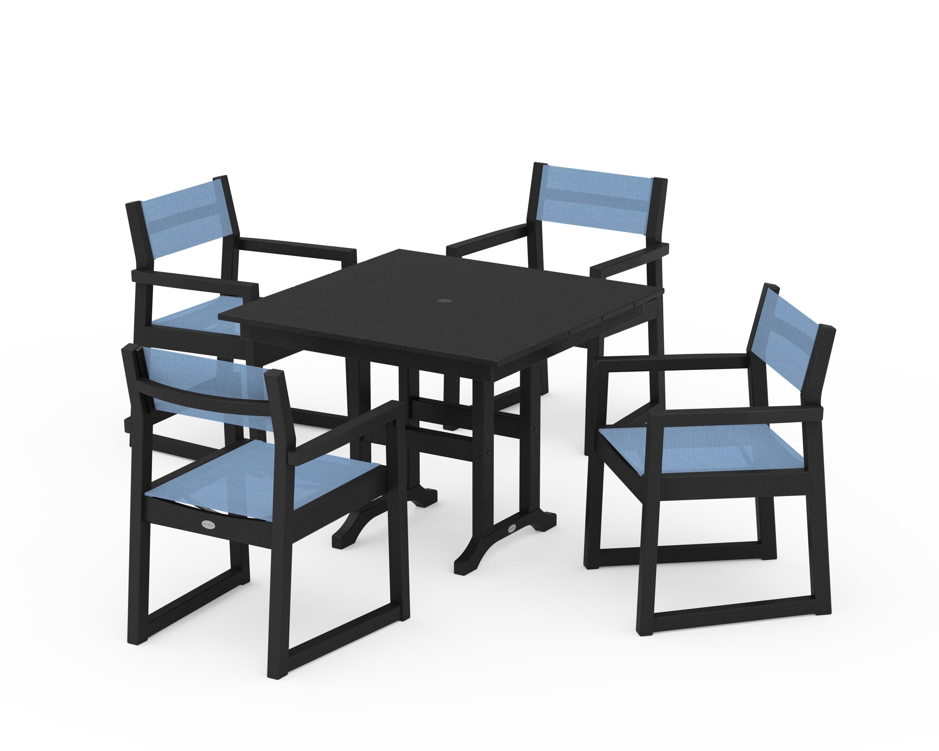 POLYWOOD EDGE Sling Arm Chair 5-Piece Farmhouse Dining Set in Black / Poolside Sling