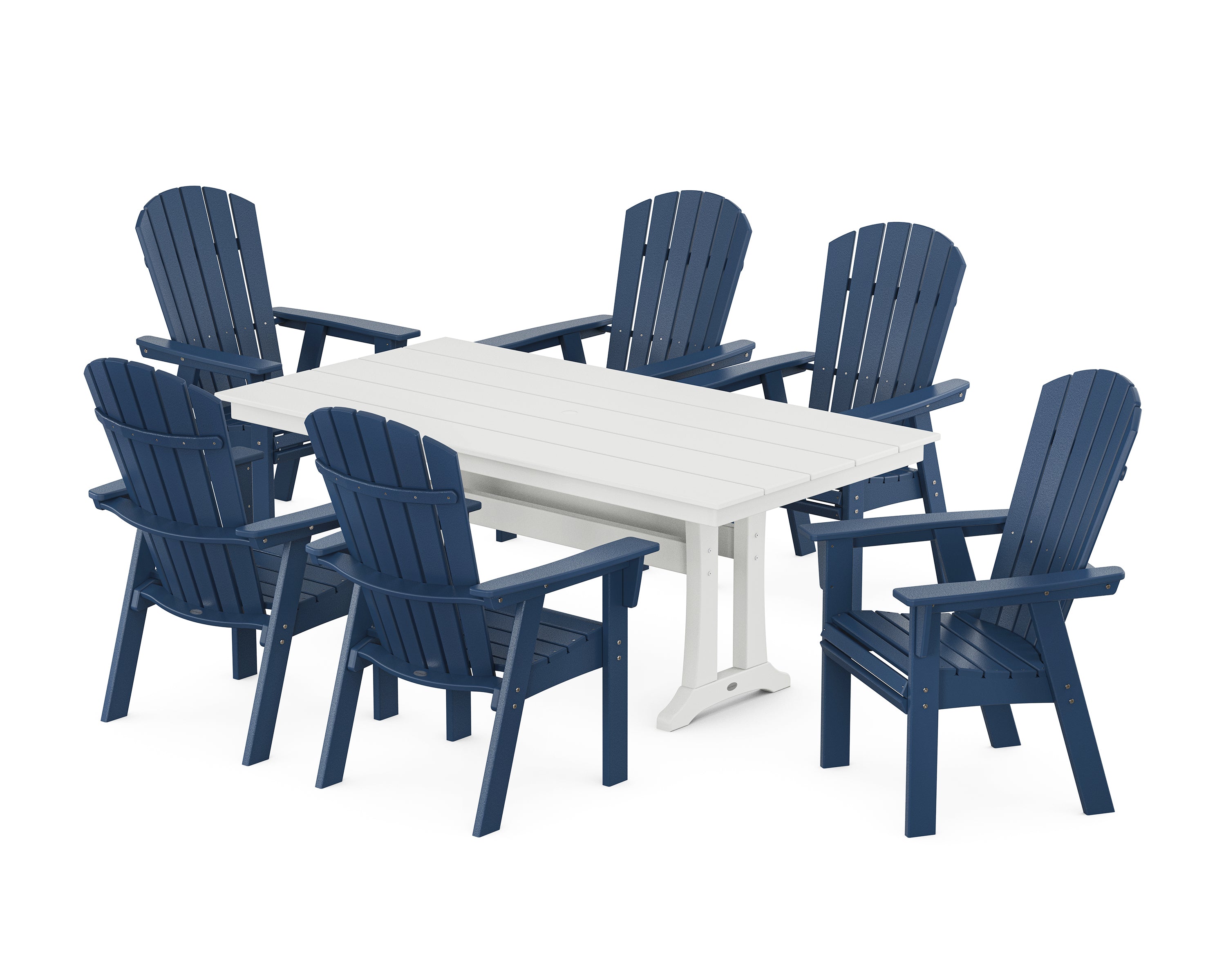 POLYWOOD Nautical Curveback Adirondack 7-Piece Farmhouse Dining Set with Trestle Legs in Navy / White