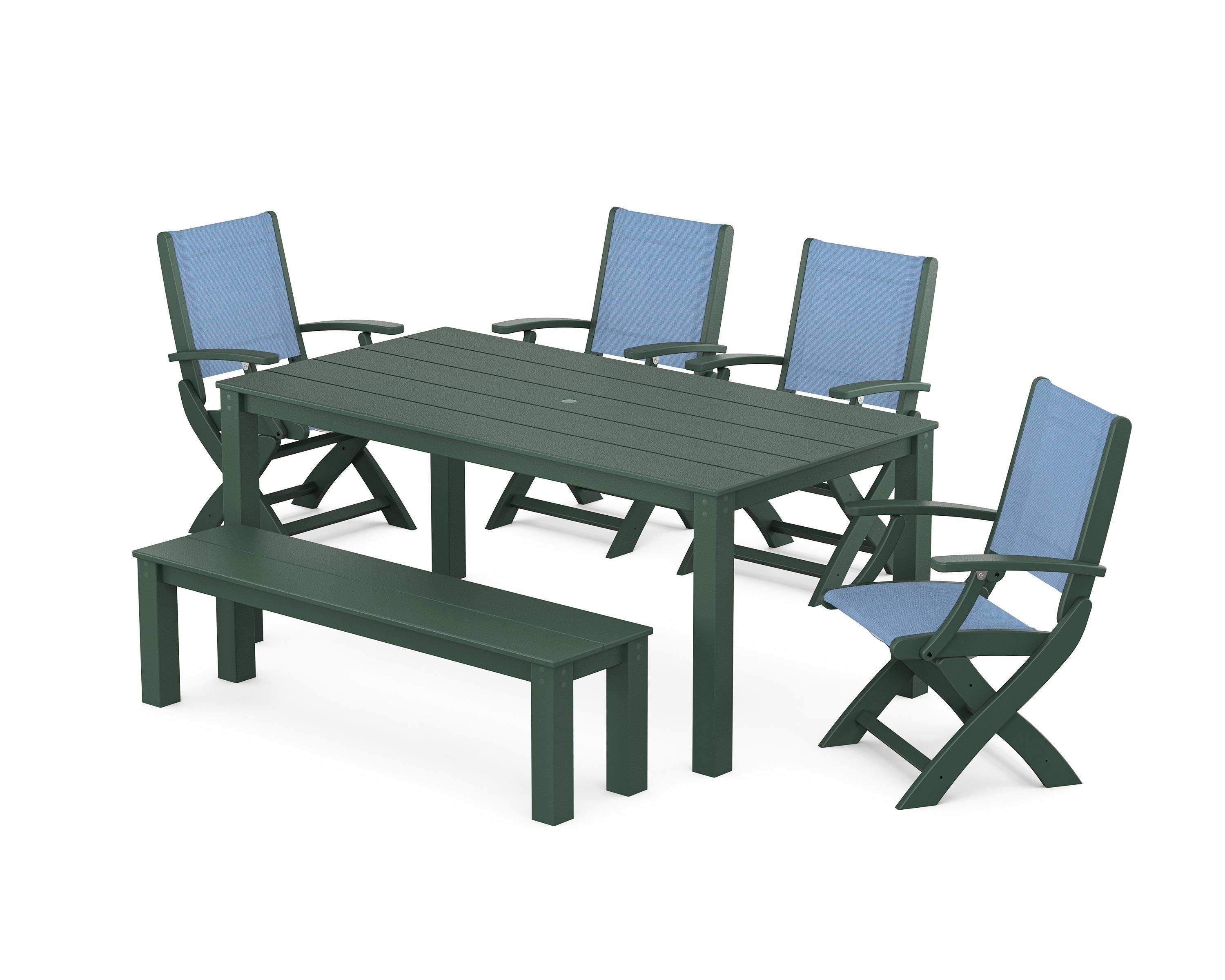 POLYWOOD Coastal Folding Chair 6-Piece Parsons Dining Set with Bench in Green / Poolside Sling