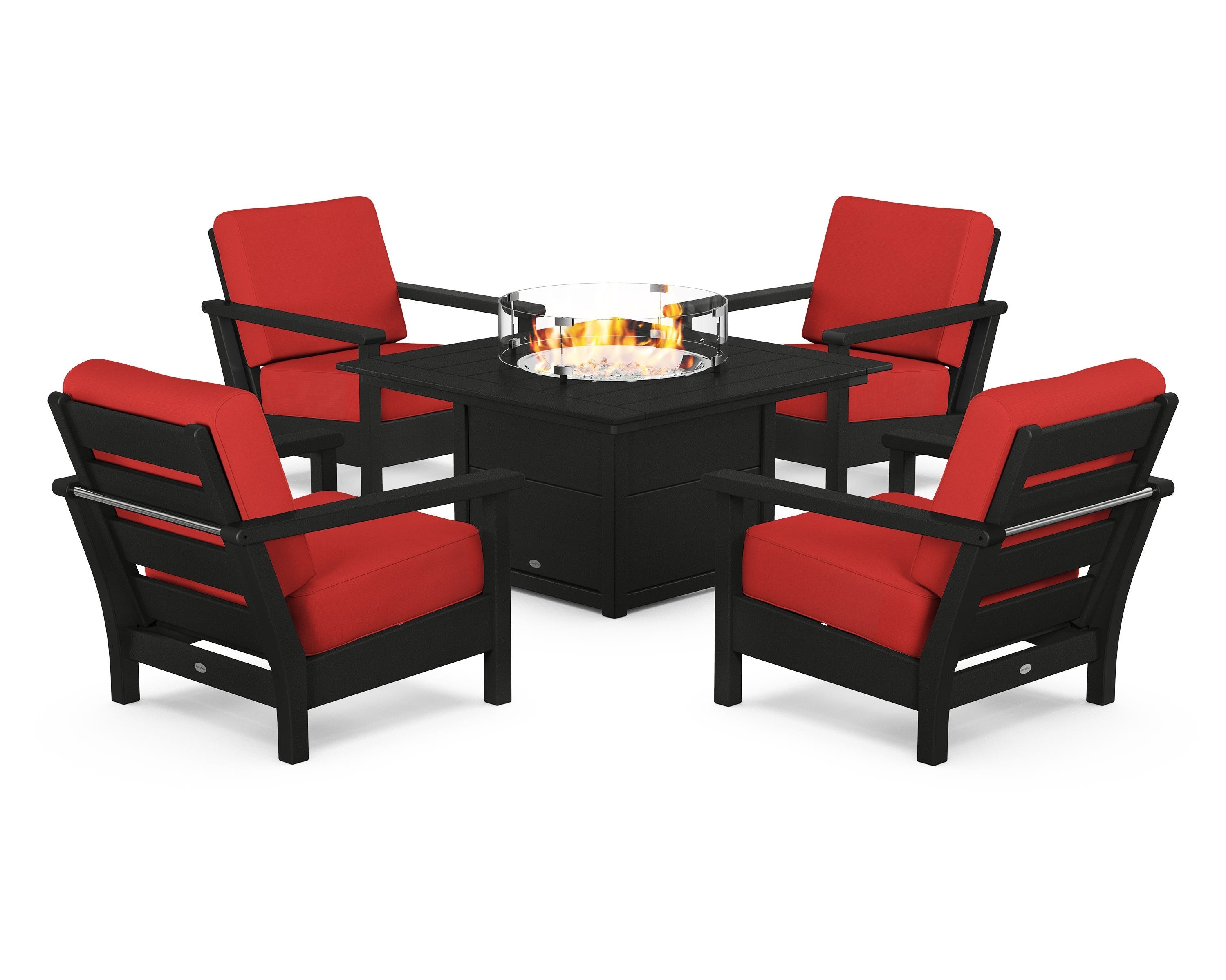 POLYWOOD Harbour 5-Piece Conversation Set with Fire Pit Table in Black / Crimson Linen
