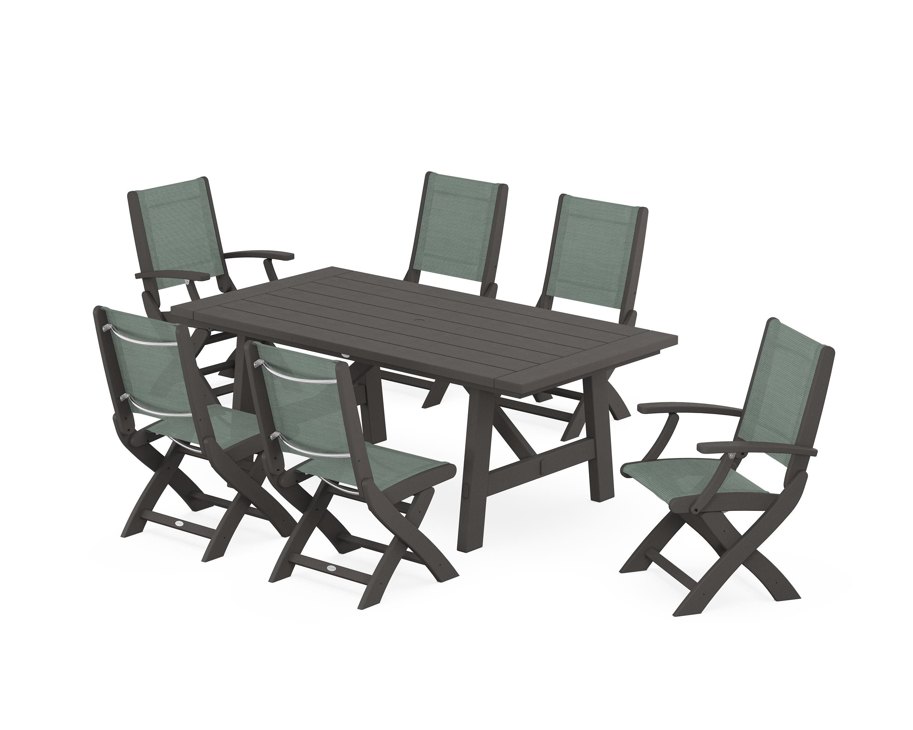 POLYWOOD Coastal Folding Chair 7-Piece Rustic Farmhouse Dining Set in Vintage Coffee / Dupioni Sea Mist Sling