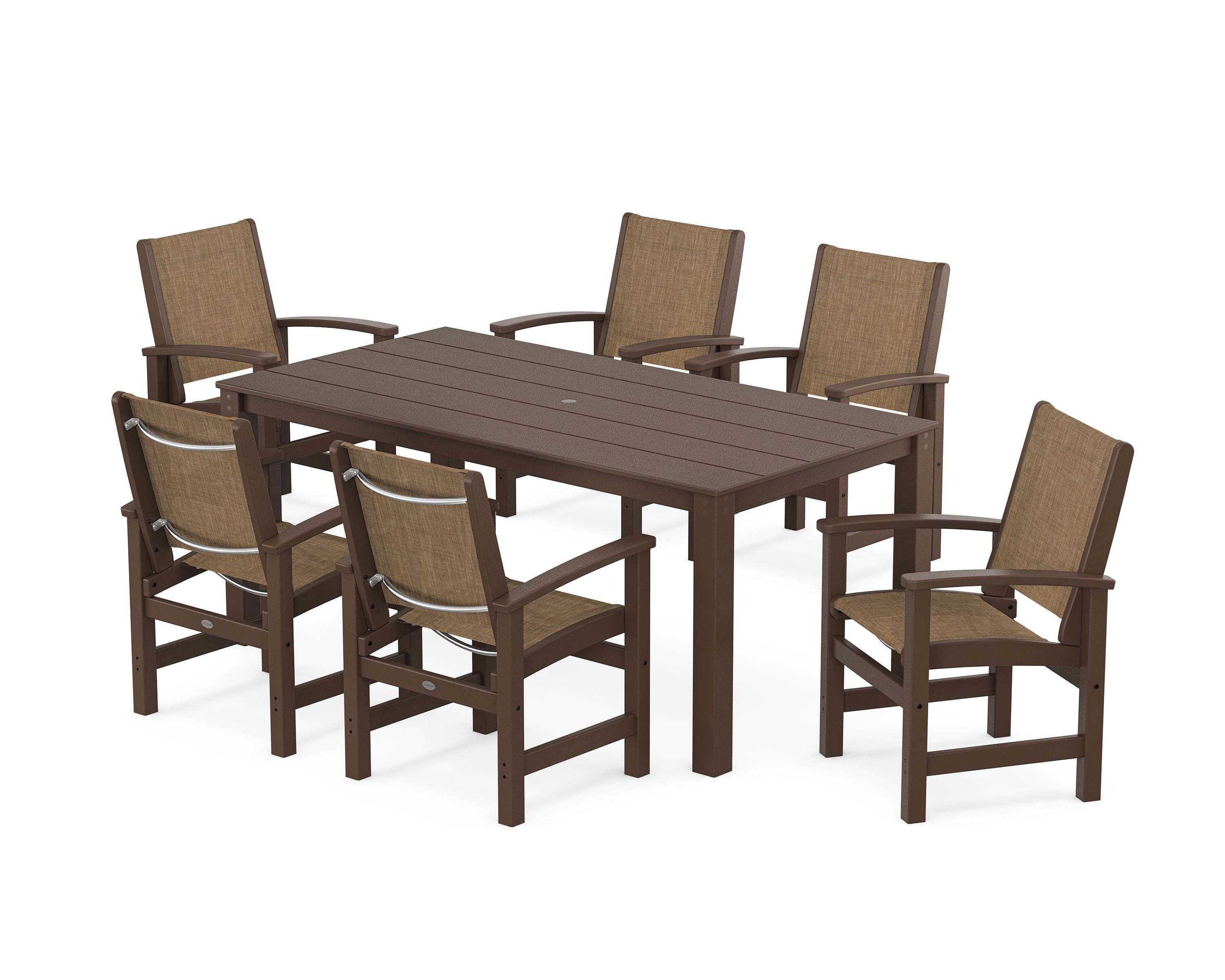 POLYWOOD Coastal 7-Piece Parsons Dining Set in Mahogany / Burlap Sling