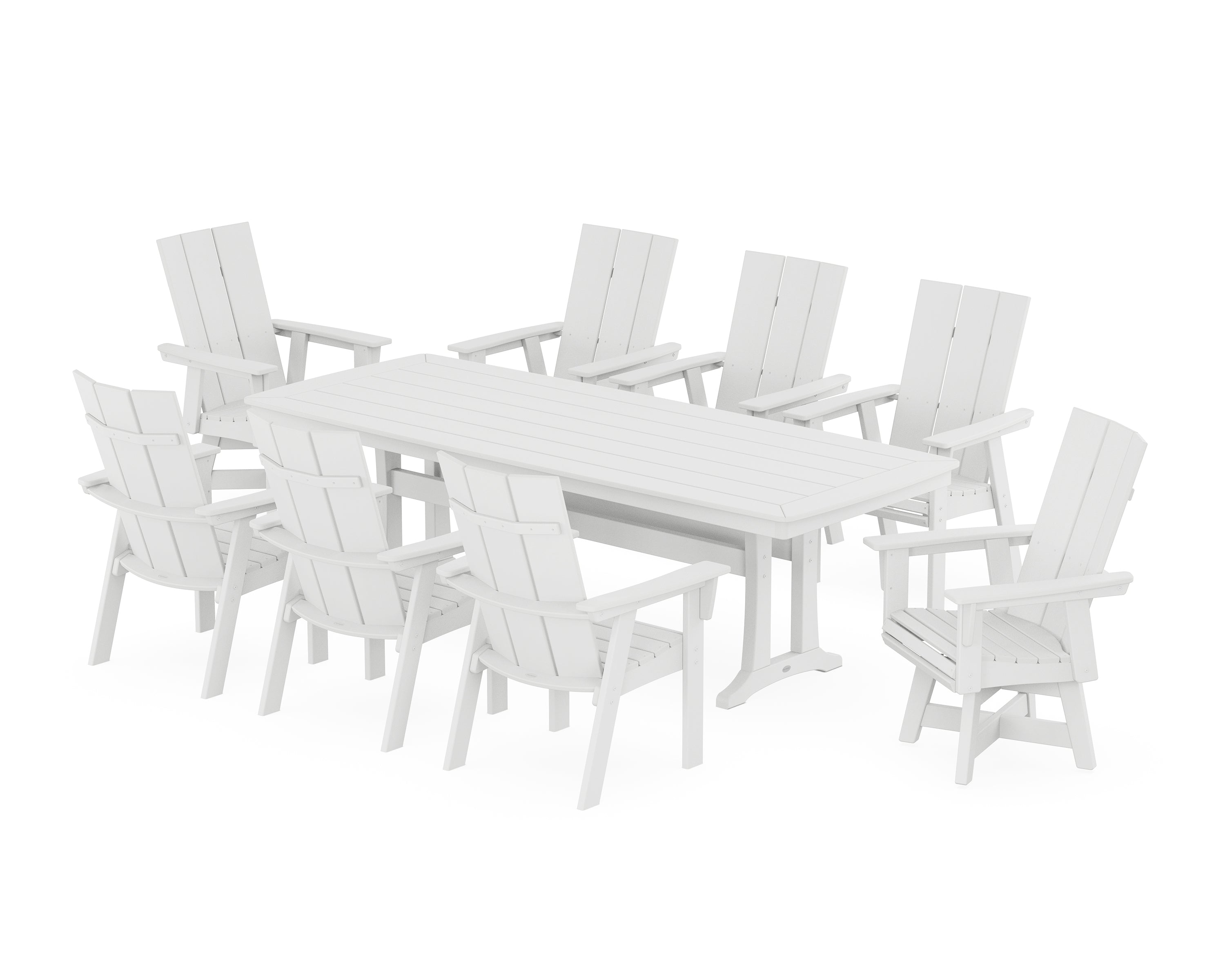 POLYWOOD® Modern Curveback Adirondack Swivel 9-Piece Dining Set with Trestle Legs in White
