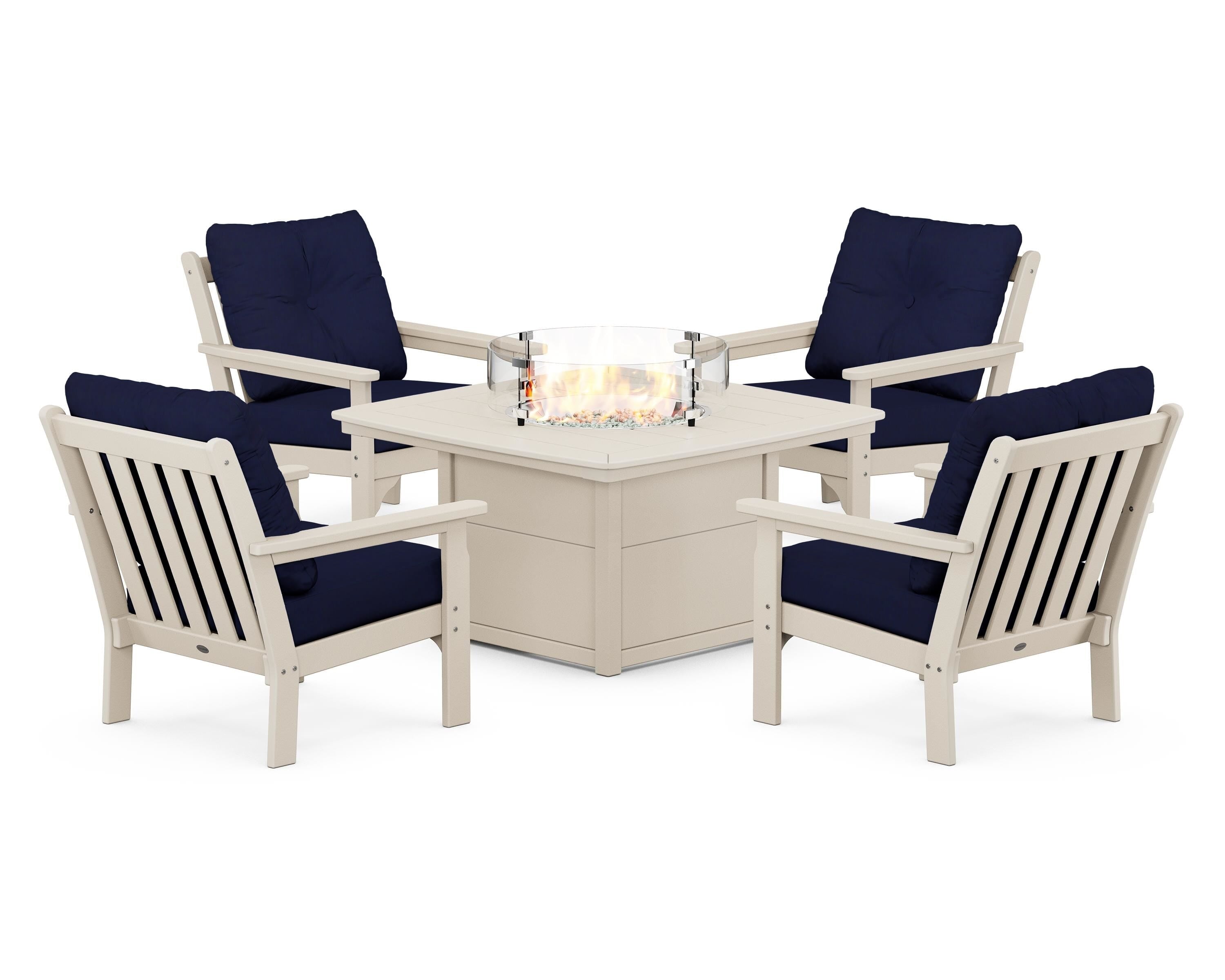 POLYWOOD Vineyard 5-Piece Conversation Set with Fire Pit Table in Sand / Navy