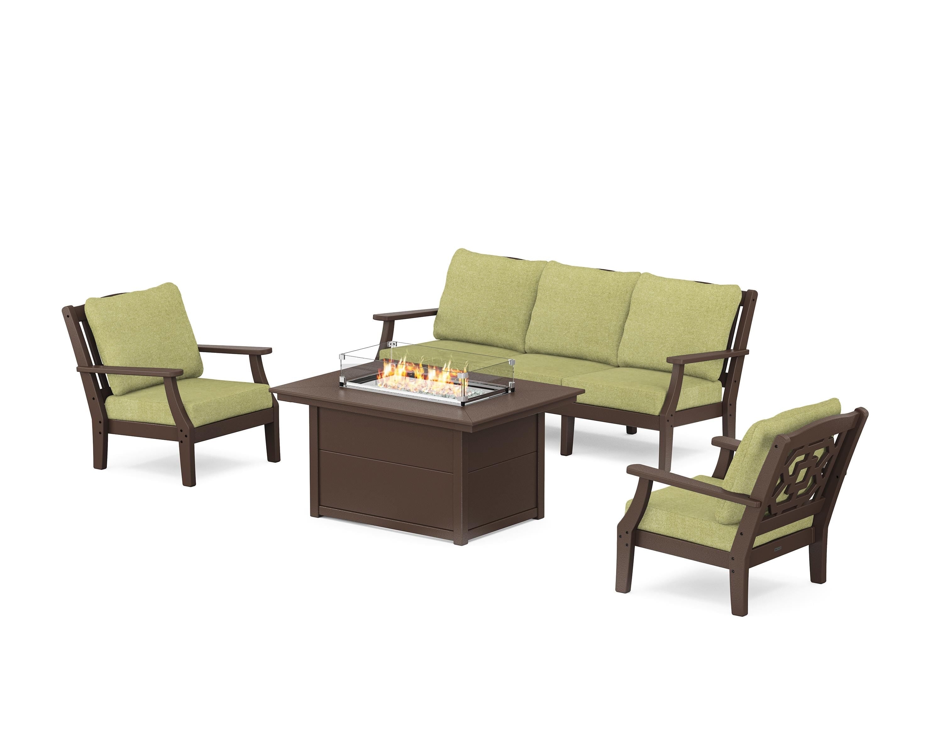 Martha Stewart by POLYWOOD Chinoiserie Deep Seating Fire Pit Table Set in Mahogany / Chartreuse Boucle
