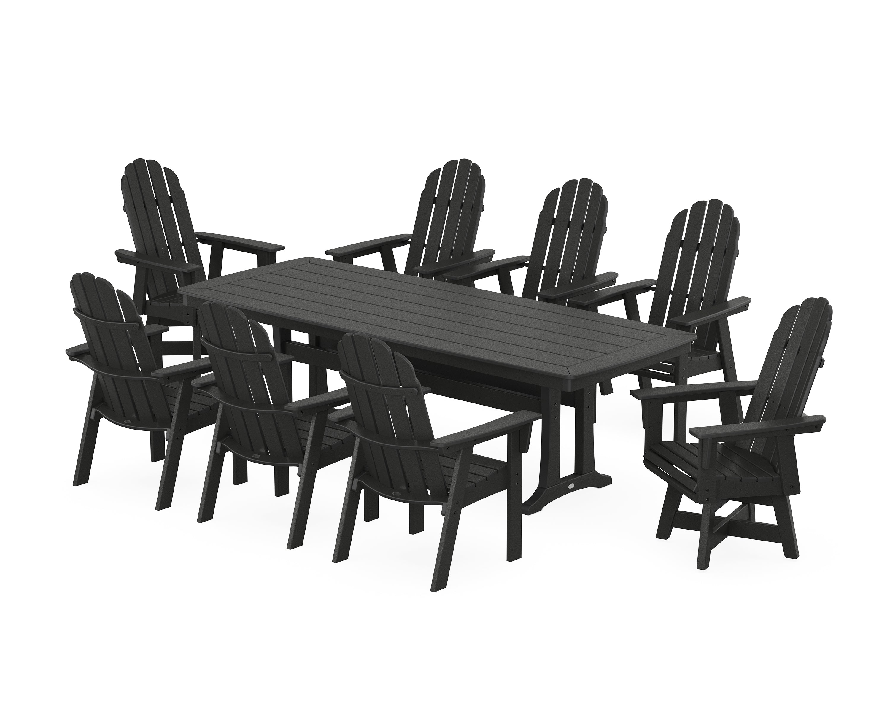 POLYWOOD® Vineyard Curveback Adirondack Swivel 9-Piece Dining Set with Trestle Legs in Black