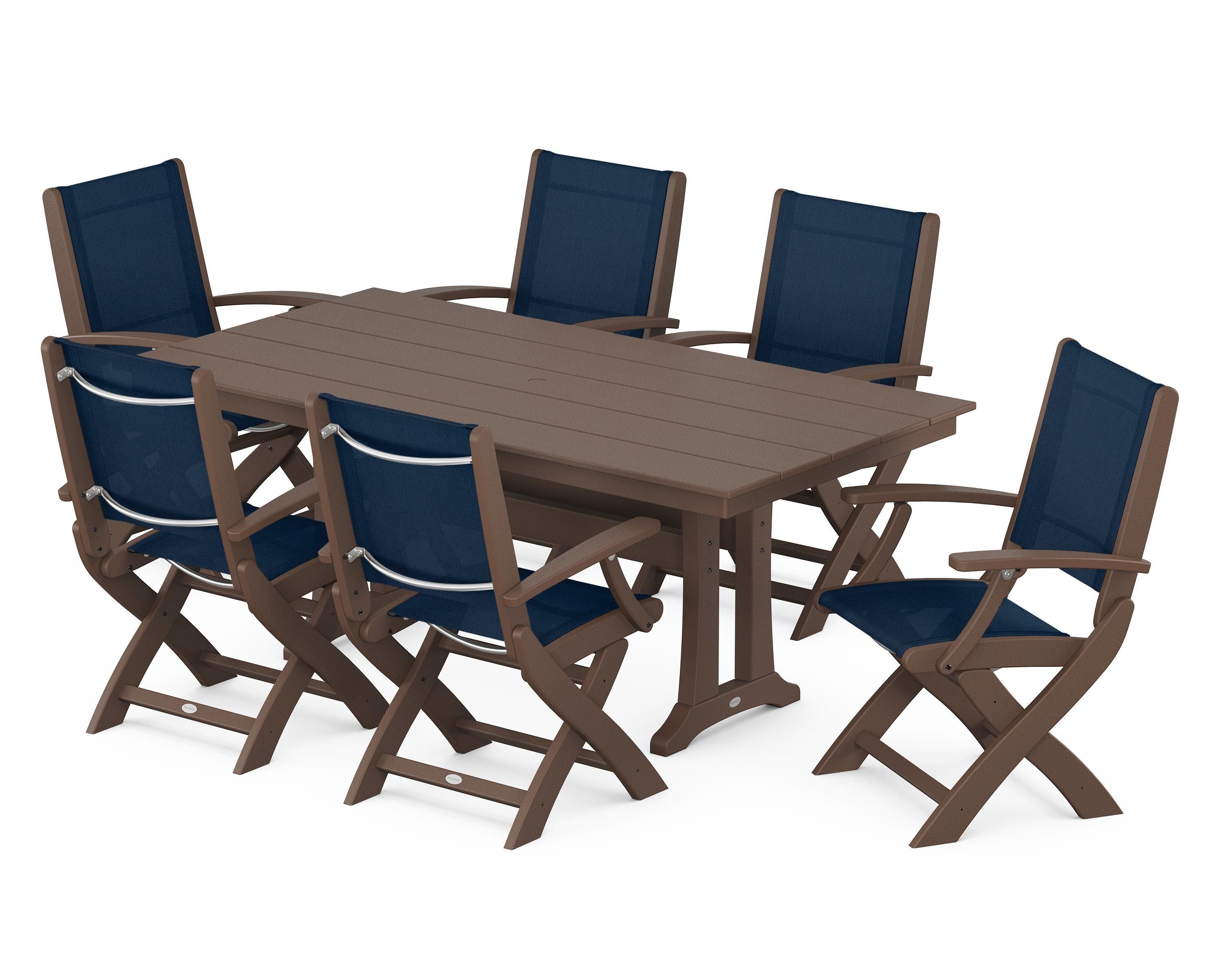 POLYWOOD Coastal Folding Arm Chair 7-Piece Farmhouse Dining Set with Trestle Legs in Mahogany / Navy Blue Sling