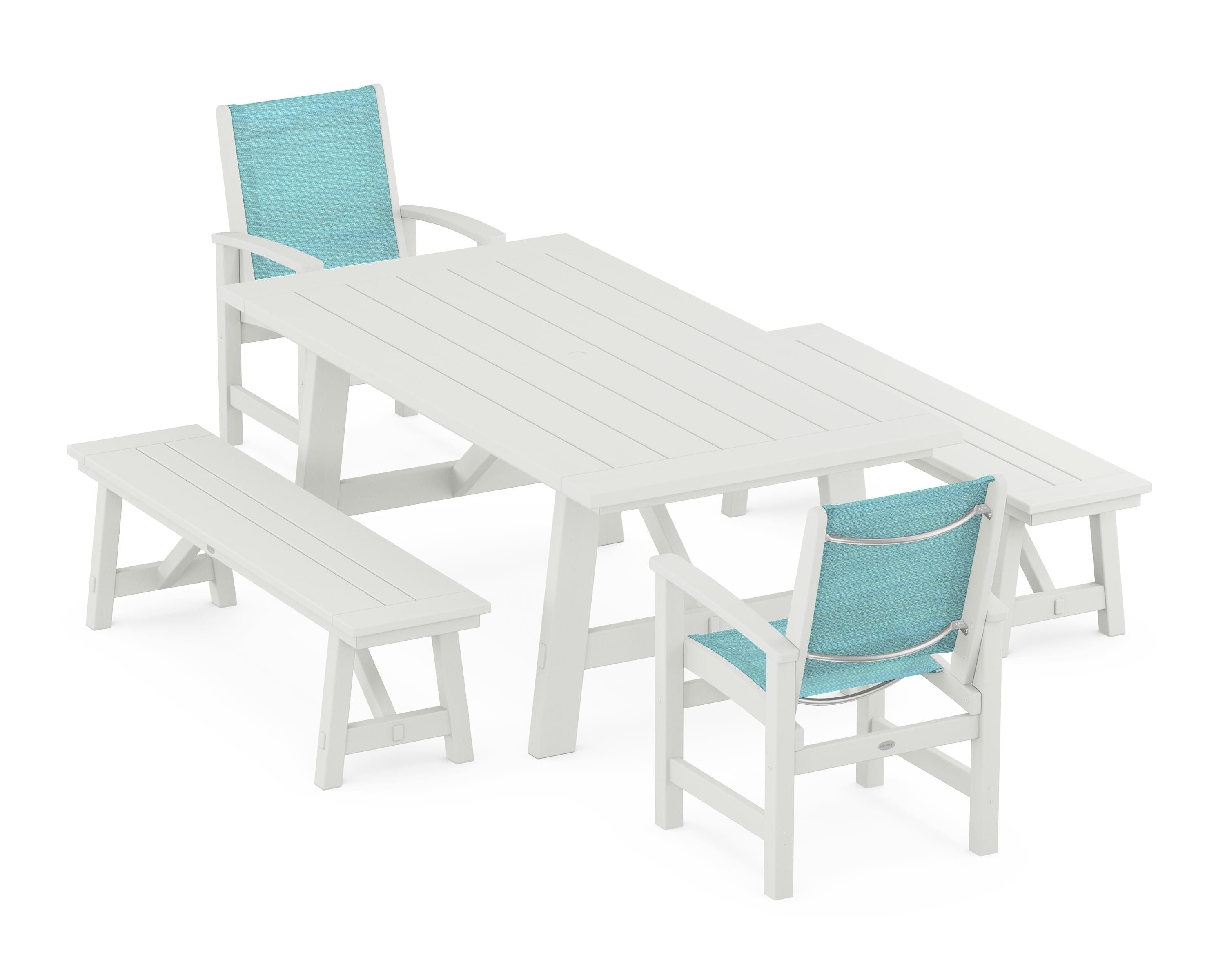 POLYWOOD Coastal 5-Piece Rustic Farmhouse Dining Set With Benches in Vintage White / Dupioni Aquamarine Sling