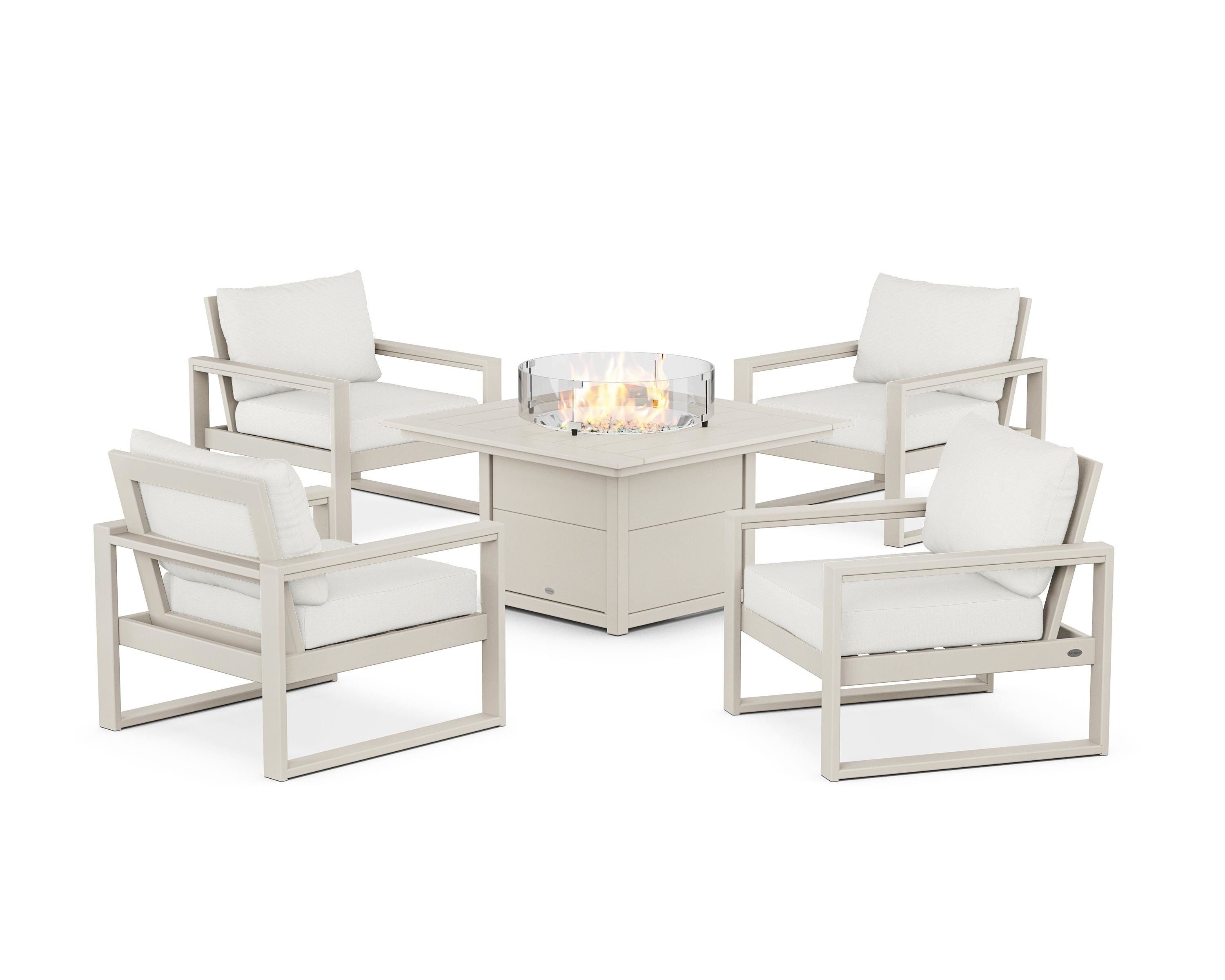 POLYWOOD EDGE Sectional 5-Piece Deep Seating Set with Fire Pit Table in Sand / Natural Linen