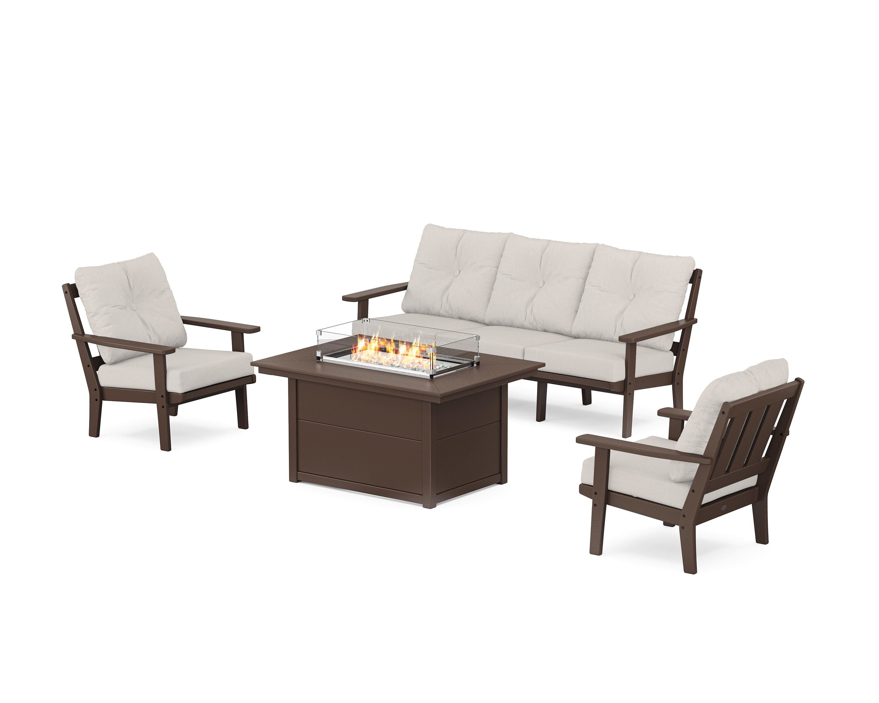 POLYWOOD Oxford Deep Seating Fire Pit Table Set in Mahogany / Cast Ash