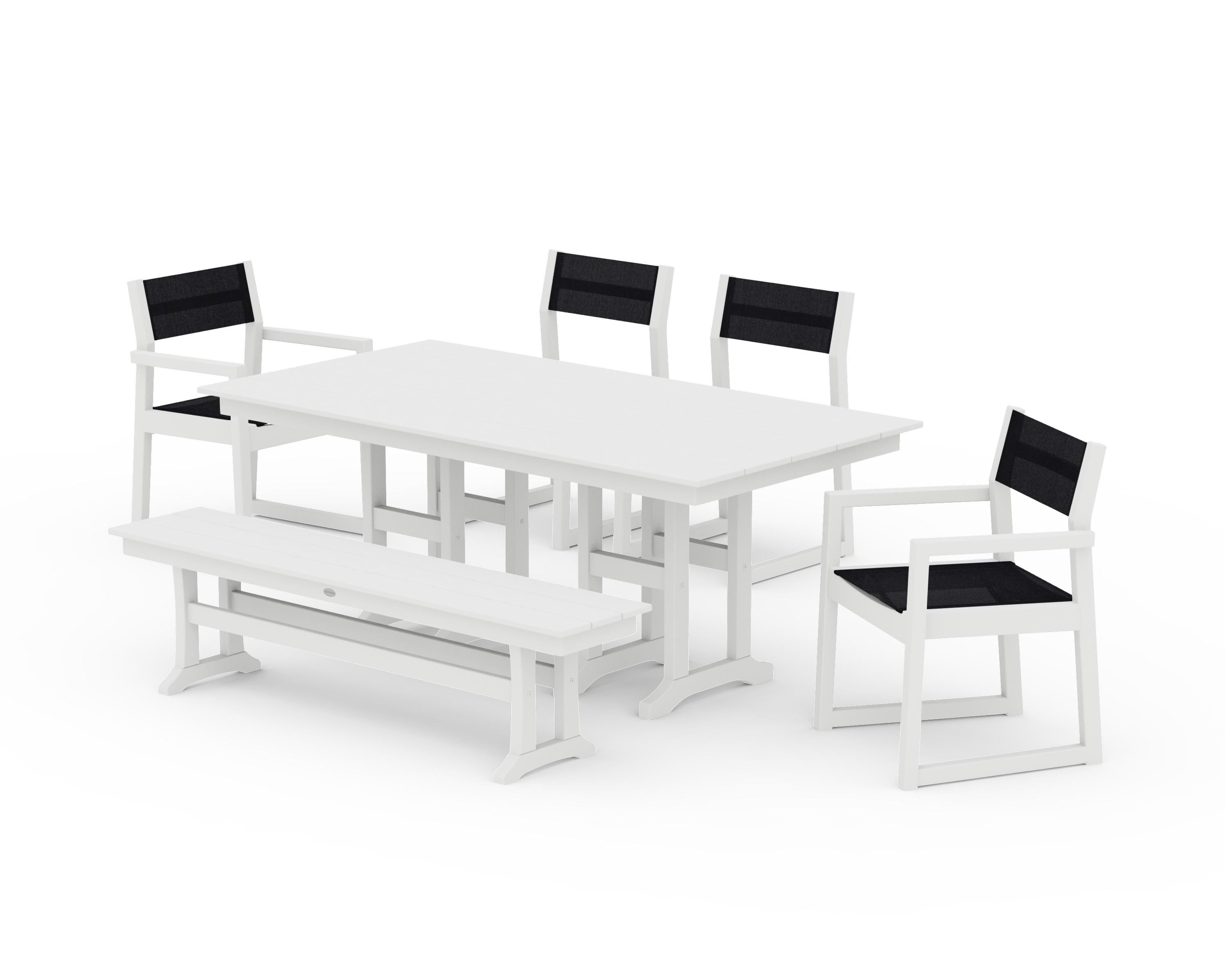 POLYWOOD EDGE Sling 6-Piece Farmhouse Dining Set in White / Black Sling