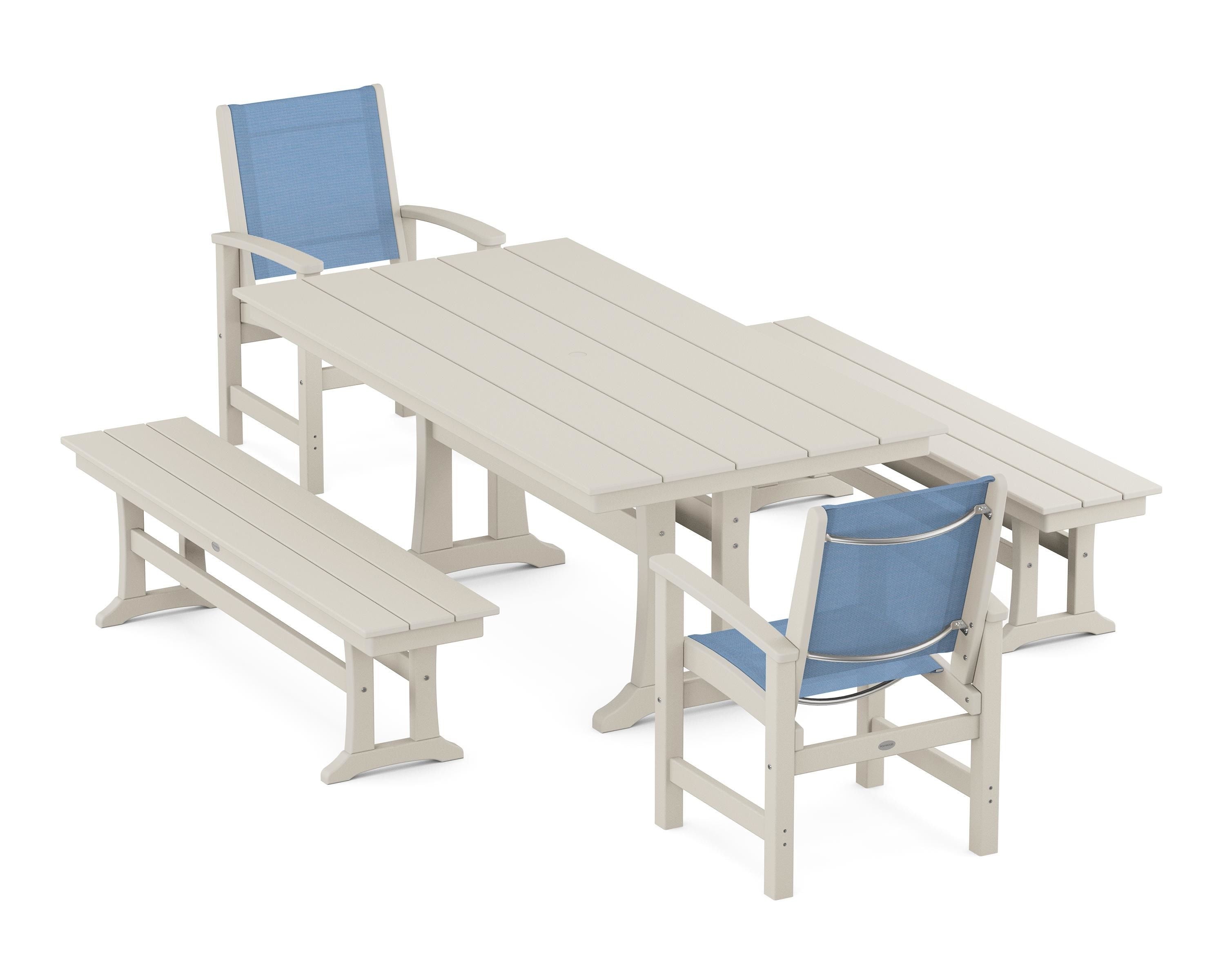 POLYWOOD Coastal 5-Piece Farmhouse Dining Set with Trestle Legs and Benches in Sand / Poolside Sling