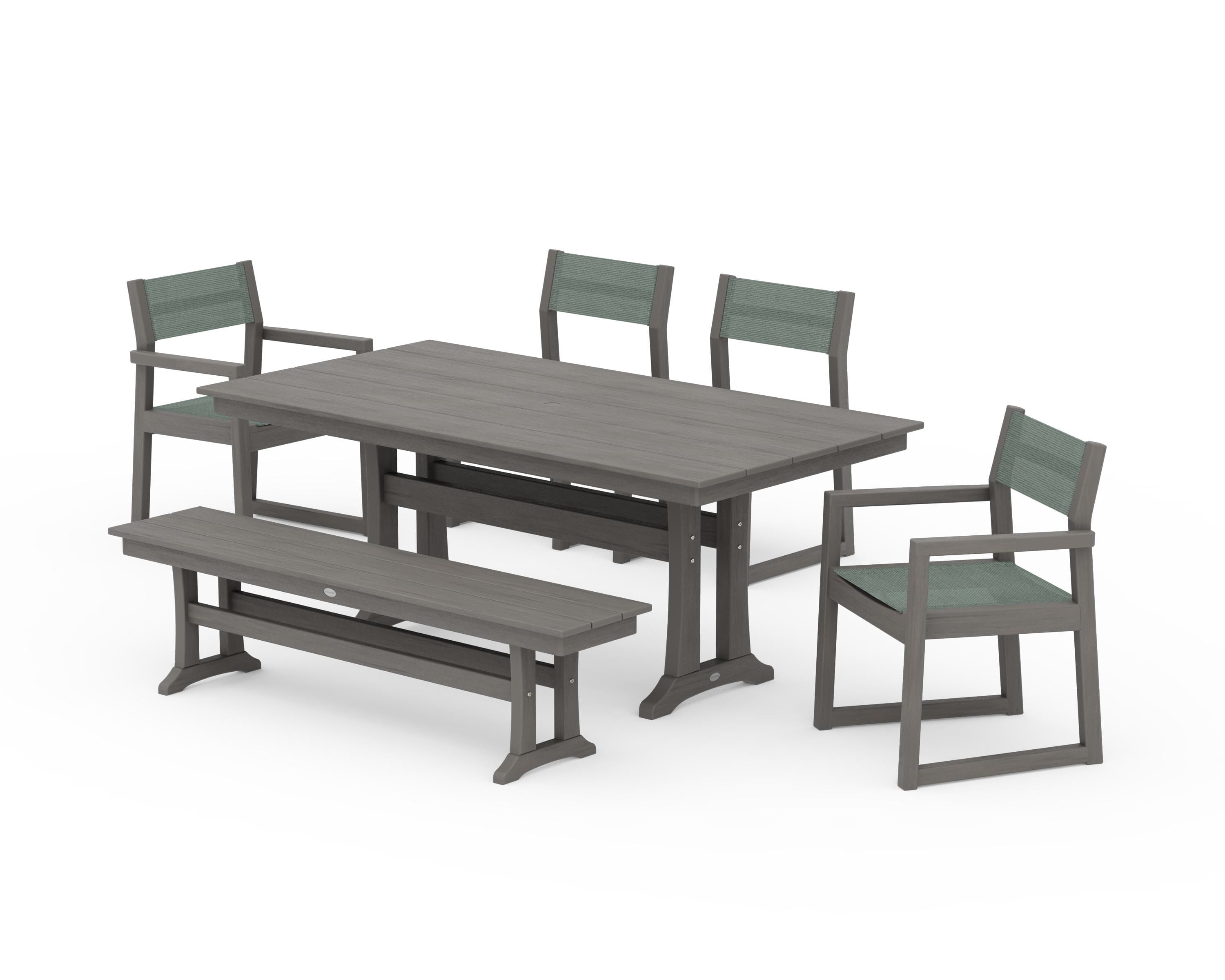 POLYWOOD EDGE Sling 6-Piece Farmhouse Dining Set With Trestle Legs in Driftwood / Dupioni Sea Mist Sling