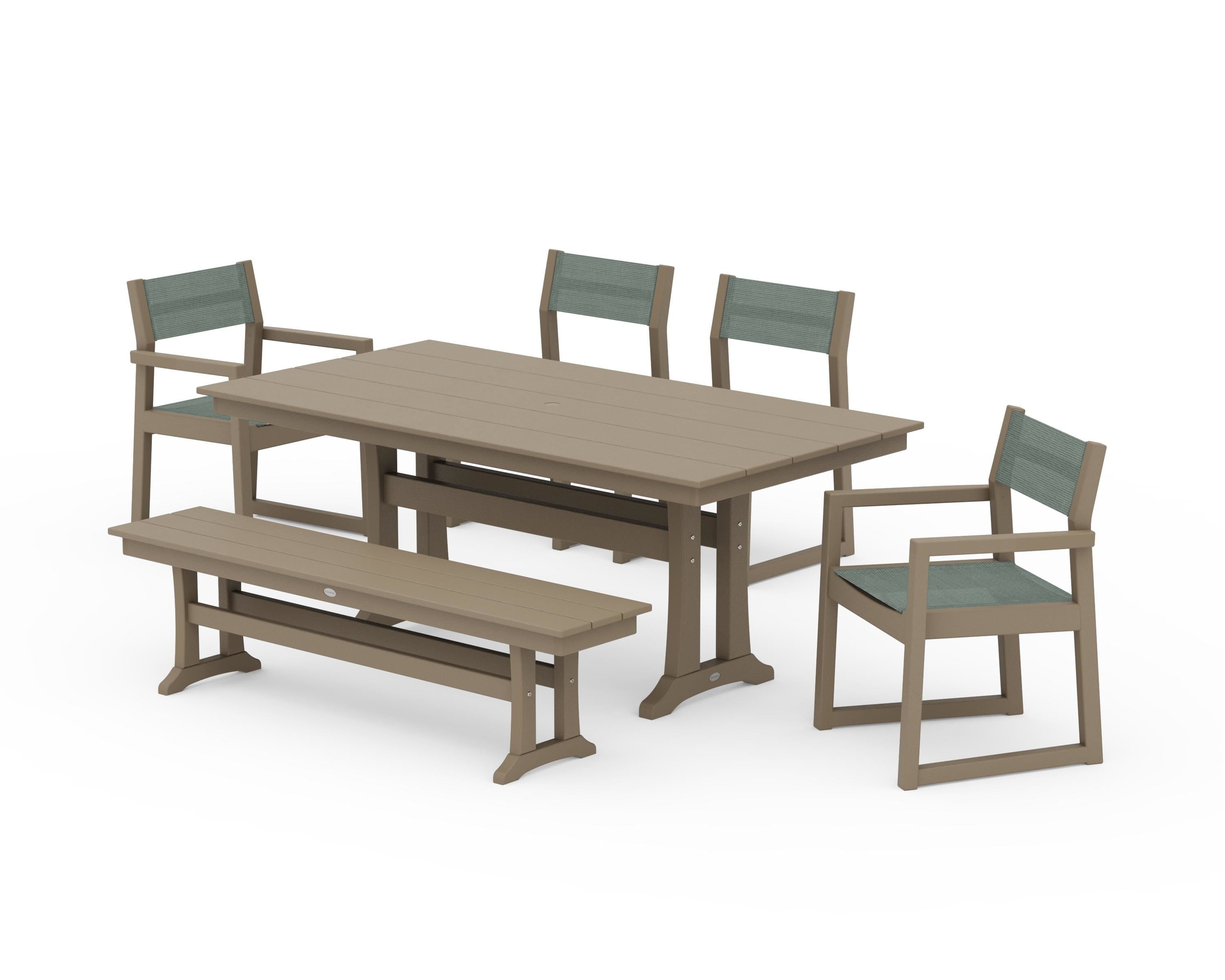 POLYWOOD EDGE Sling 6-Piece Farmhouse Dining Set With Trestle Legs in Vintage Sahara / Dupioni Sea Mist Sling