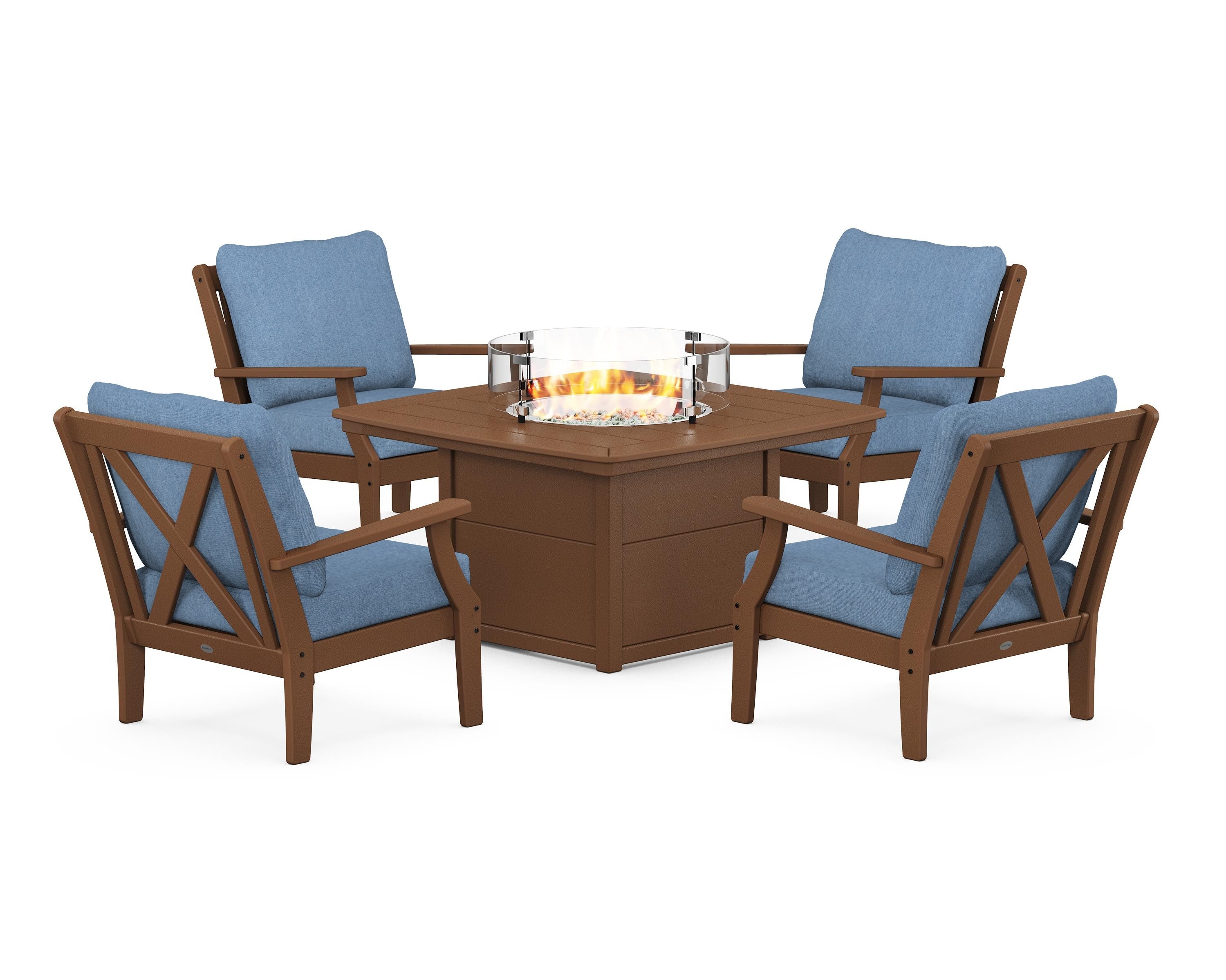 POLYWOOD Braxton 5-Piece Deep Seating Conversation Set with Fire Pit Table in Teak / Sky Blue