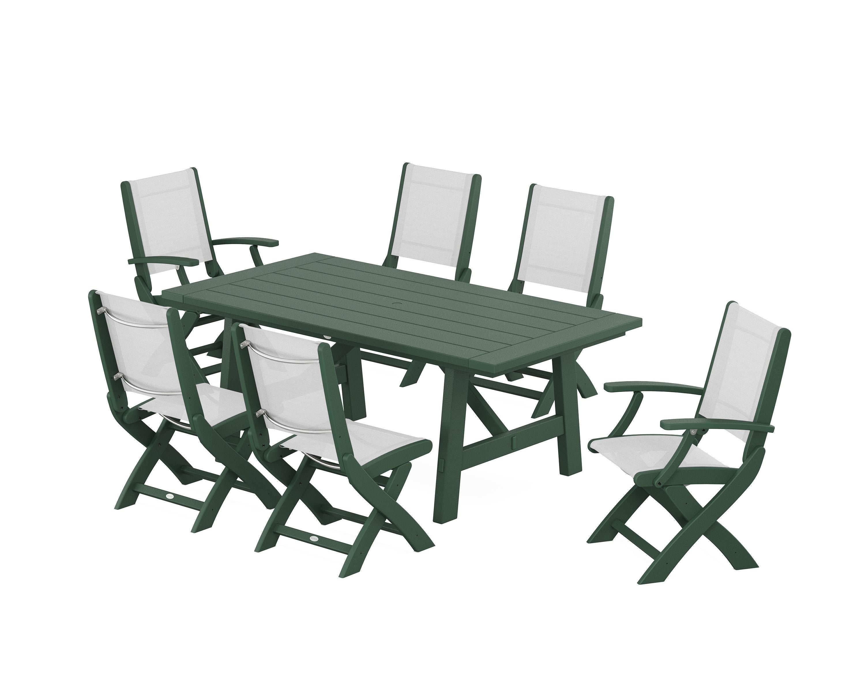 POLYWOOD Coastal Folding Chair 7-Piece Rustic Farmhouse Dining Set in Green / White Sling