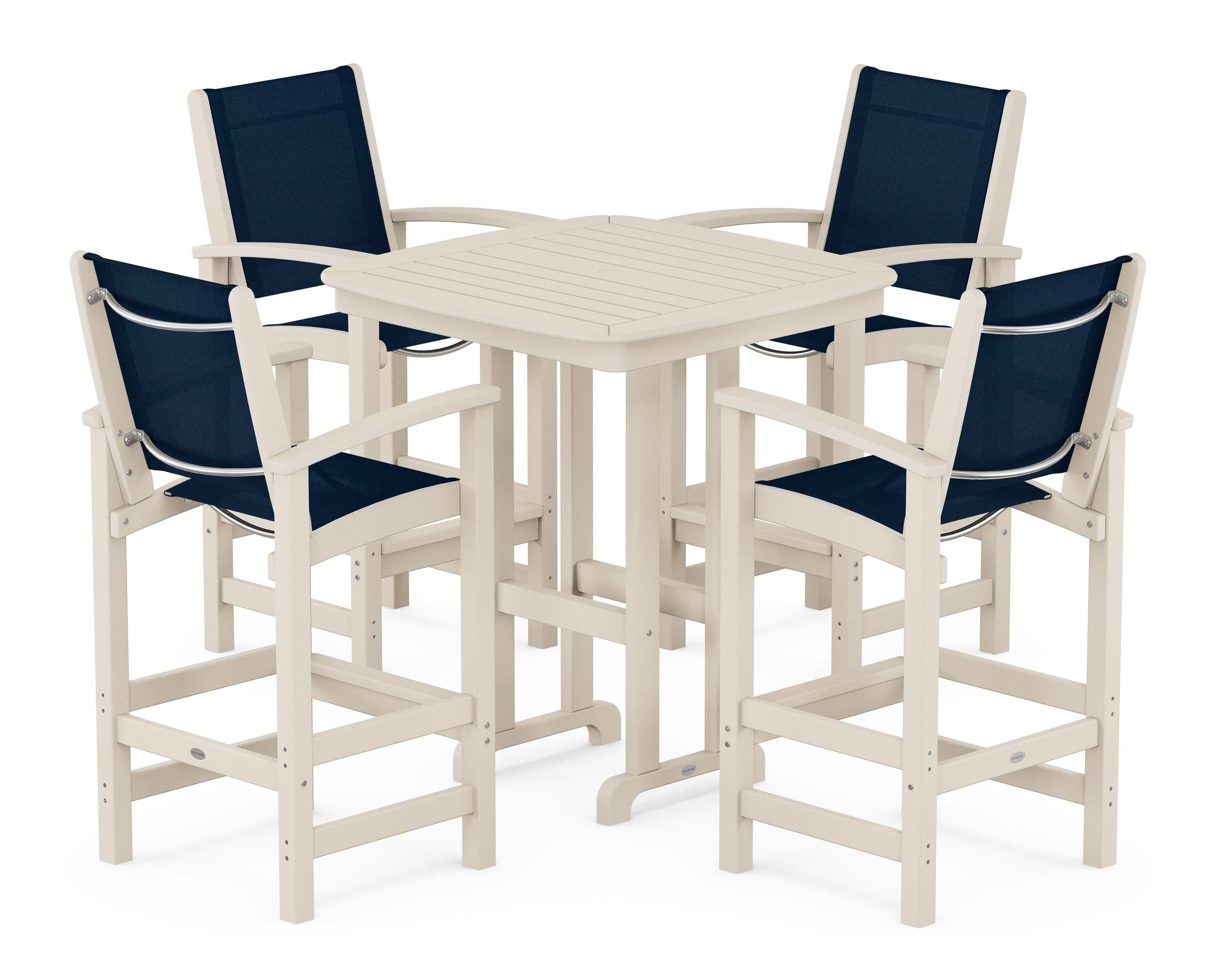 POLYWOOD Coastal 5-Piece Bar Set in Sand / Navy Blue Sling