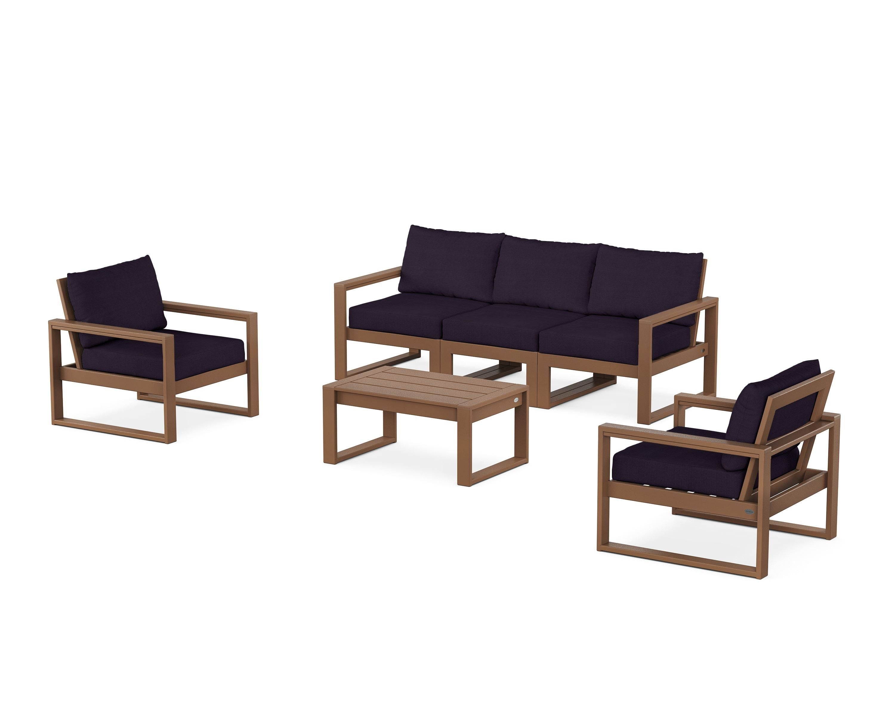 POLYWOOD EDGE Sectional 4-Piece Deep Seating Set with Sofa in Teak / Navy Linen