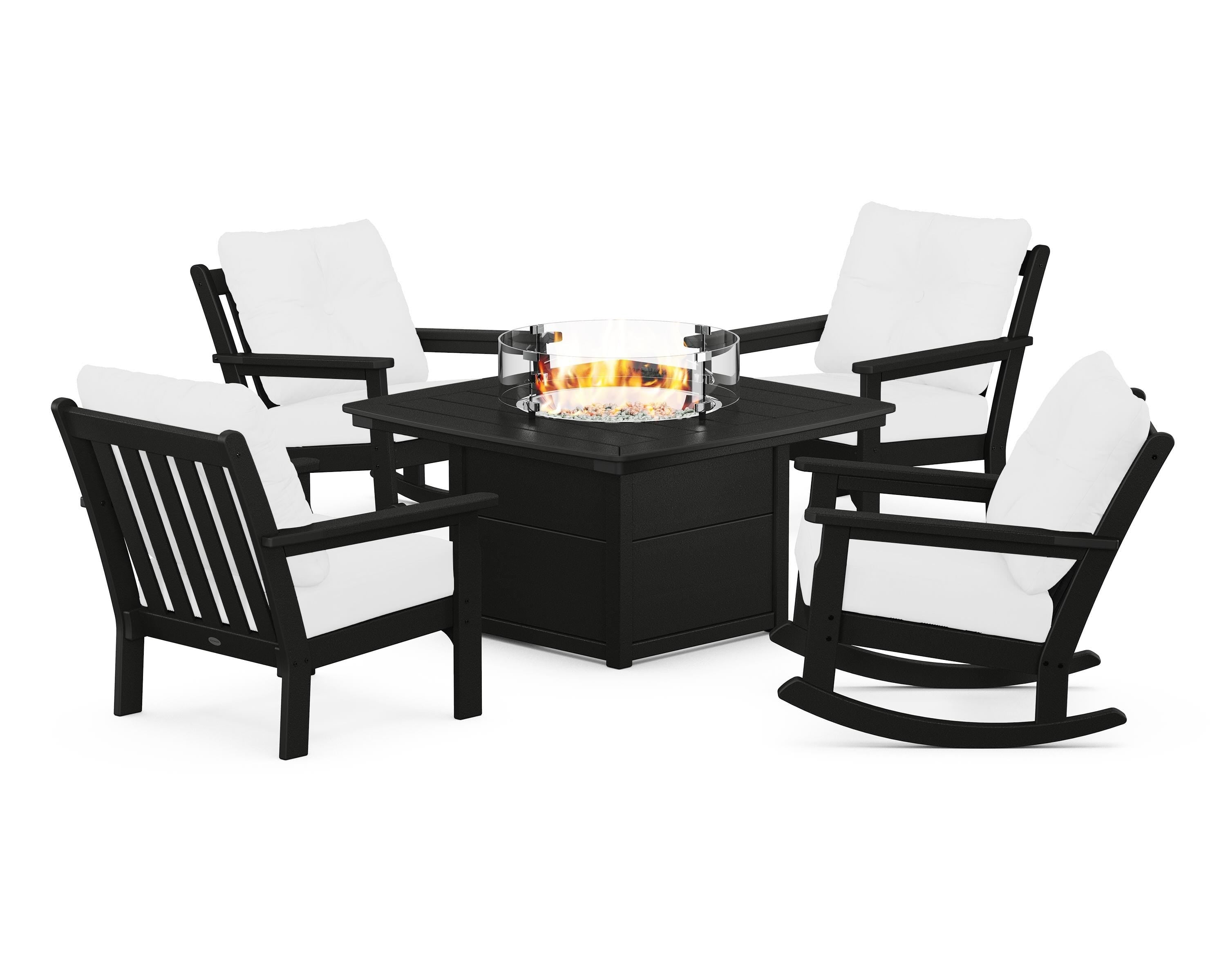 POLYWOOD Vineyard 5-Piece Deep Seating Rocking Chair Conversation Set with Fire Pit Table in Black / Natural