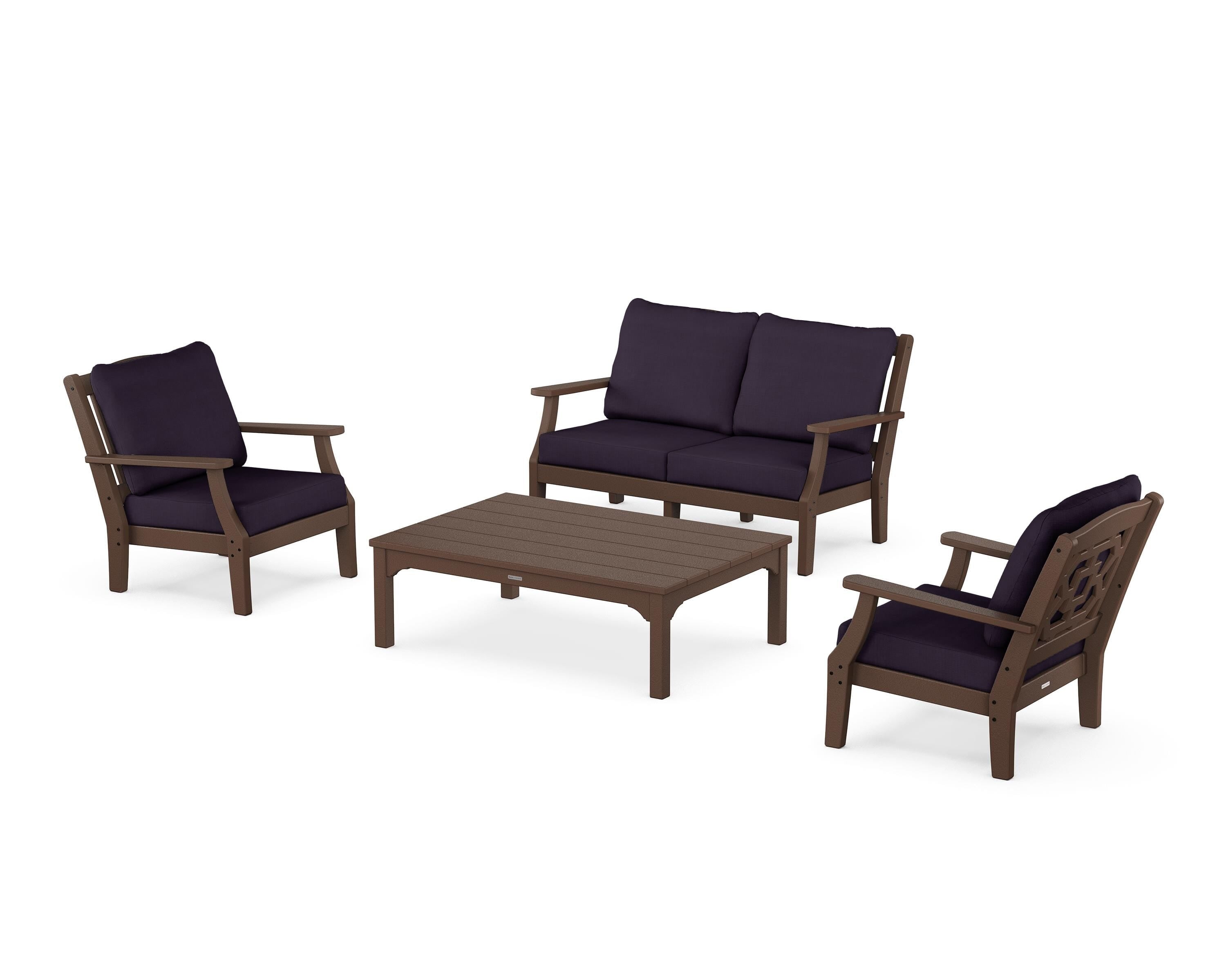 Martha Stewart by POLYWOOD Chinoiserie 4-Piece Deep Seating Set with Loveseat in Mahogany / Navy Linen