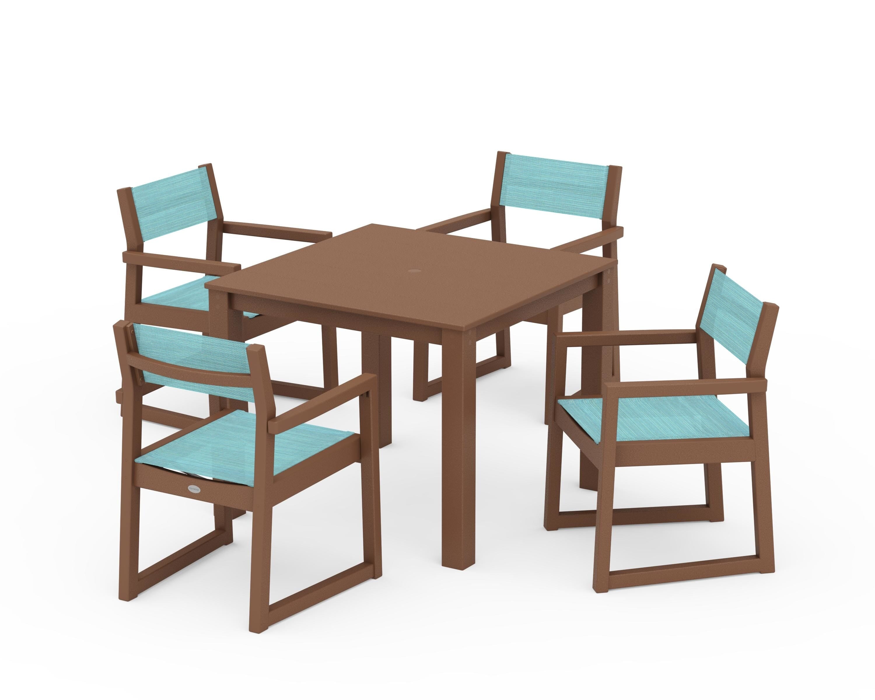 POLYWOOD EDGE Sling Arm Chair 5-Piece Parsons Dining Set in Teak / Dupioni Aquamarine Sling