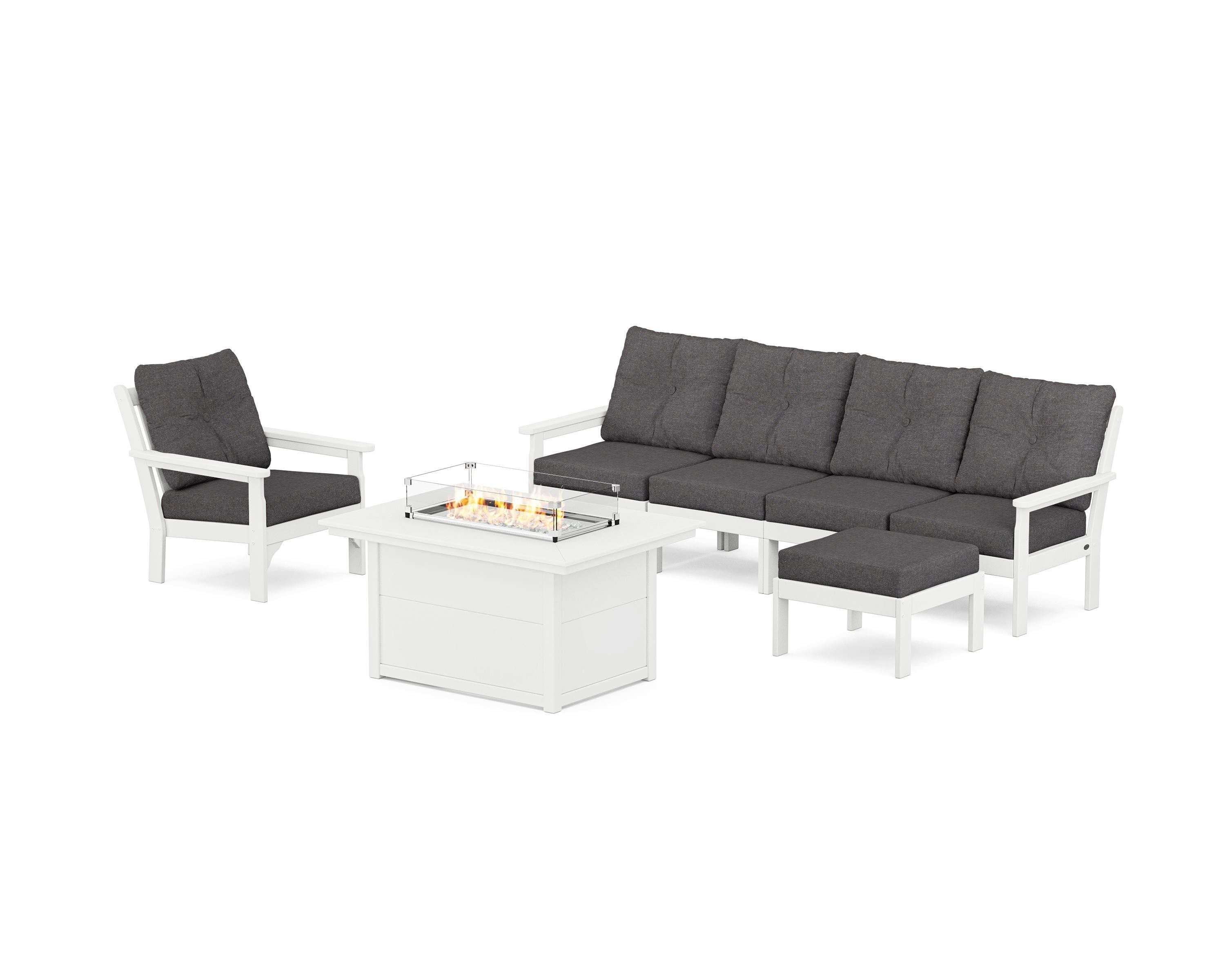 POLYWOOD Vineyard Sectional Lounge and Fire Pit Set in White / Ash Charcoal