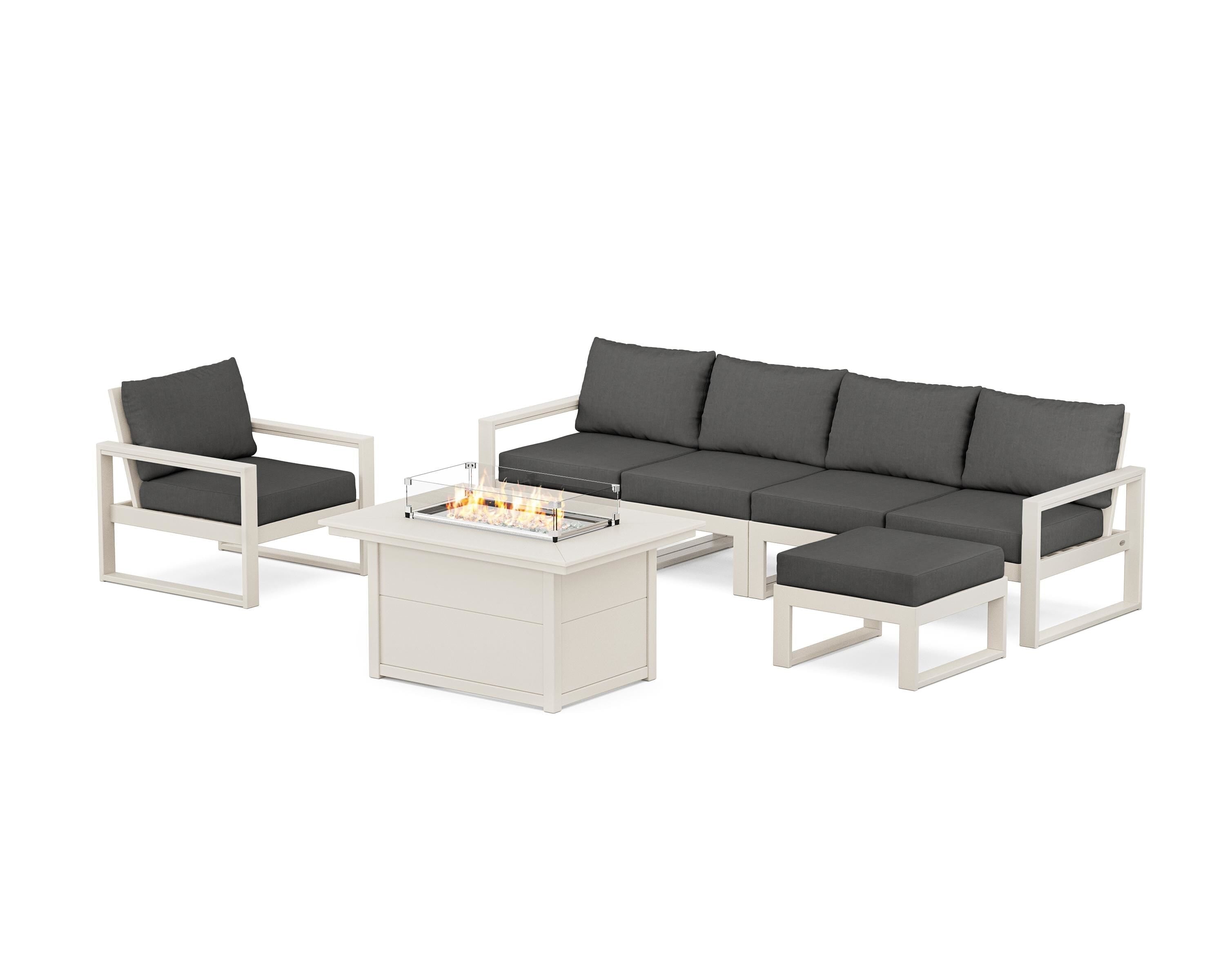 POLYWOOD EDGE Sectional Lounge and Fire Pit Set in Sand / Spectrum Carbon