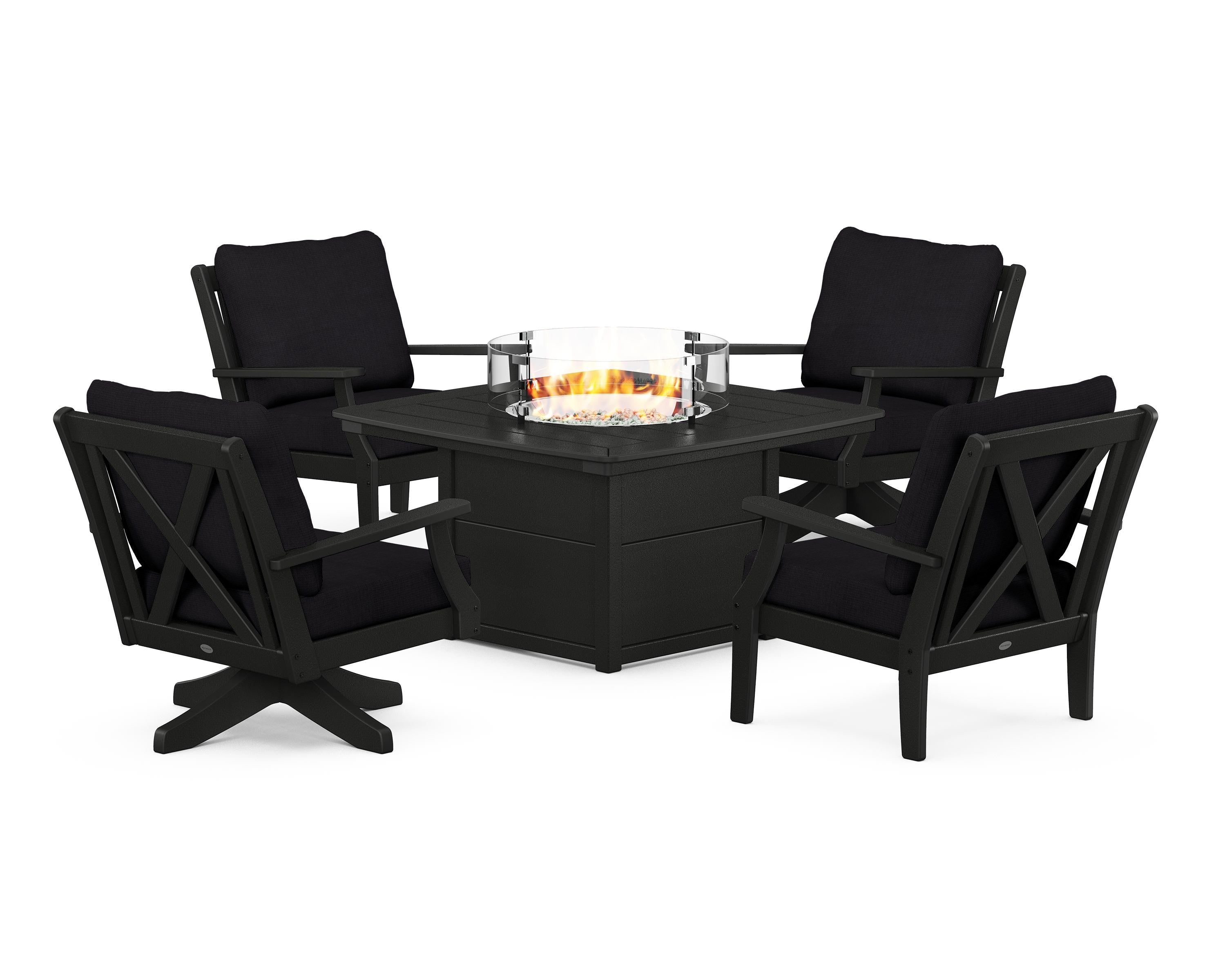 POLYWOOD Braxton 5-Piece Deep Seating Set with Fire Table in Black / Midnight Linen