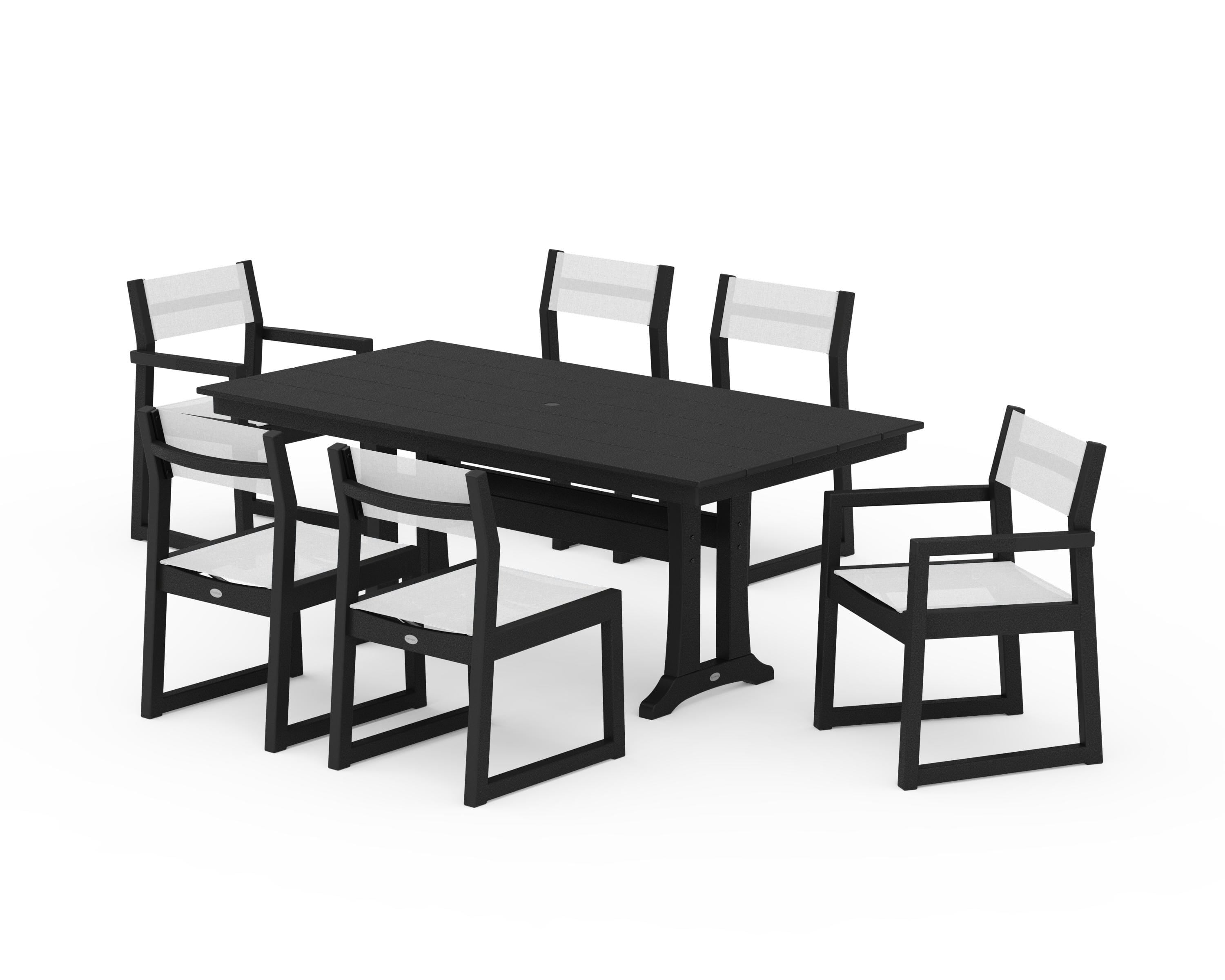 POLYWOOD EDGE Sling 7-Piece Farmhouse Trestle Dining Set in Black / White Sling