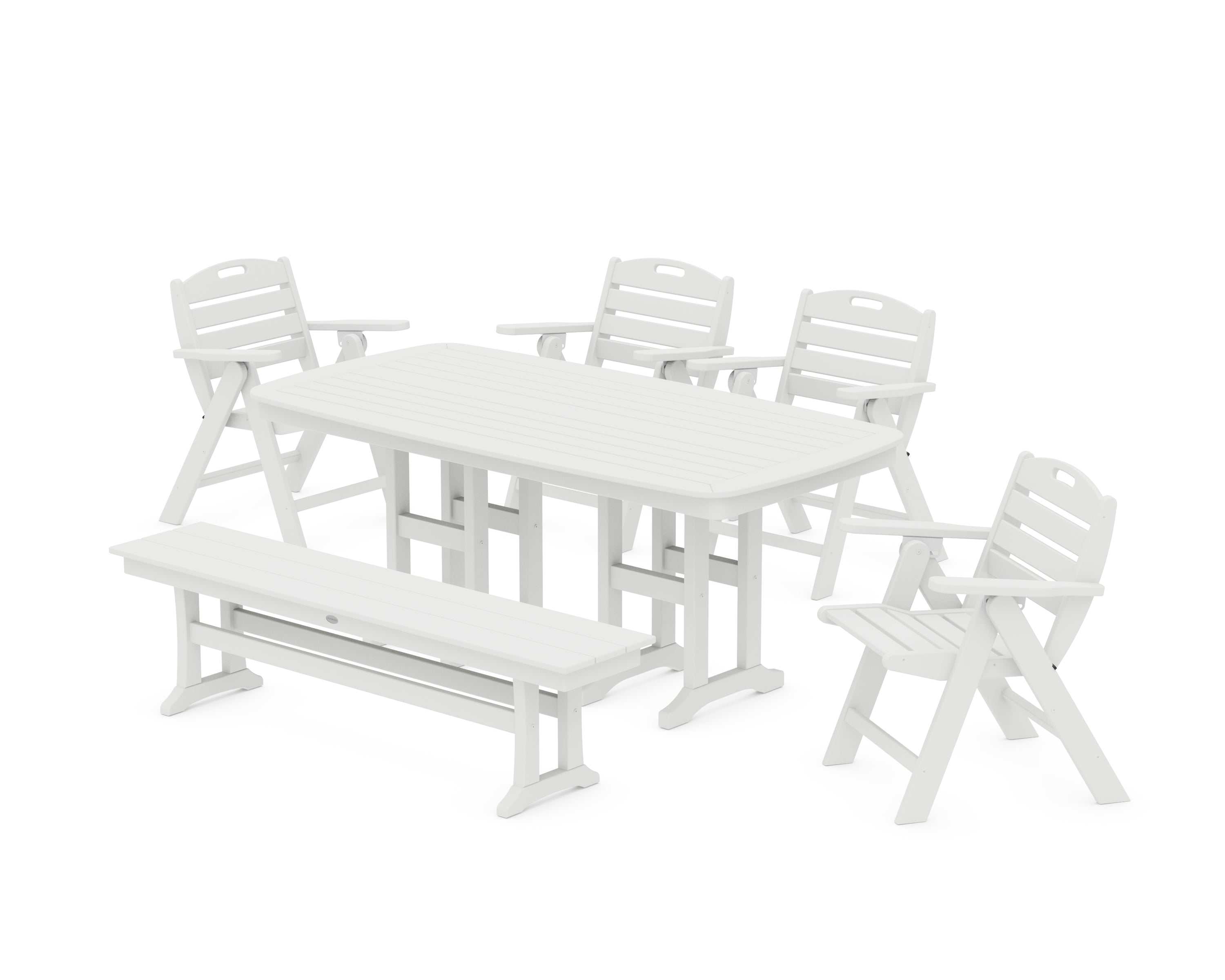POLYWOOD Nautical Lowback 6-Piece Dining Set with Bench in White
