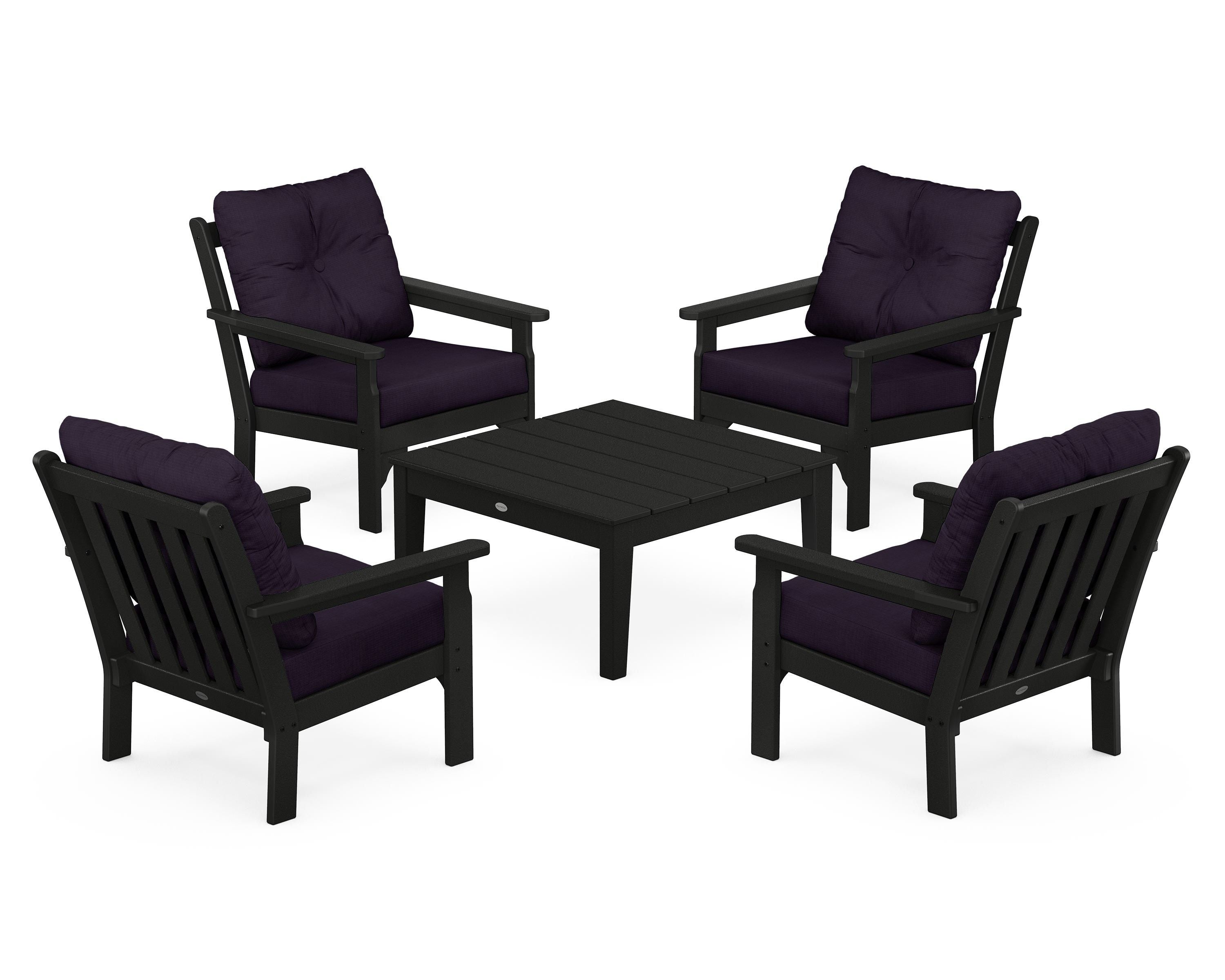 POLYWOOD Vineyard 5-Piece Deep Seating Conversation Set in Black / Navy Linen