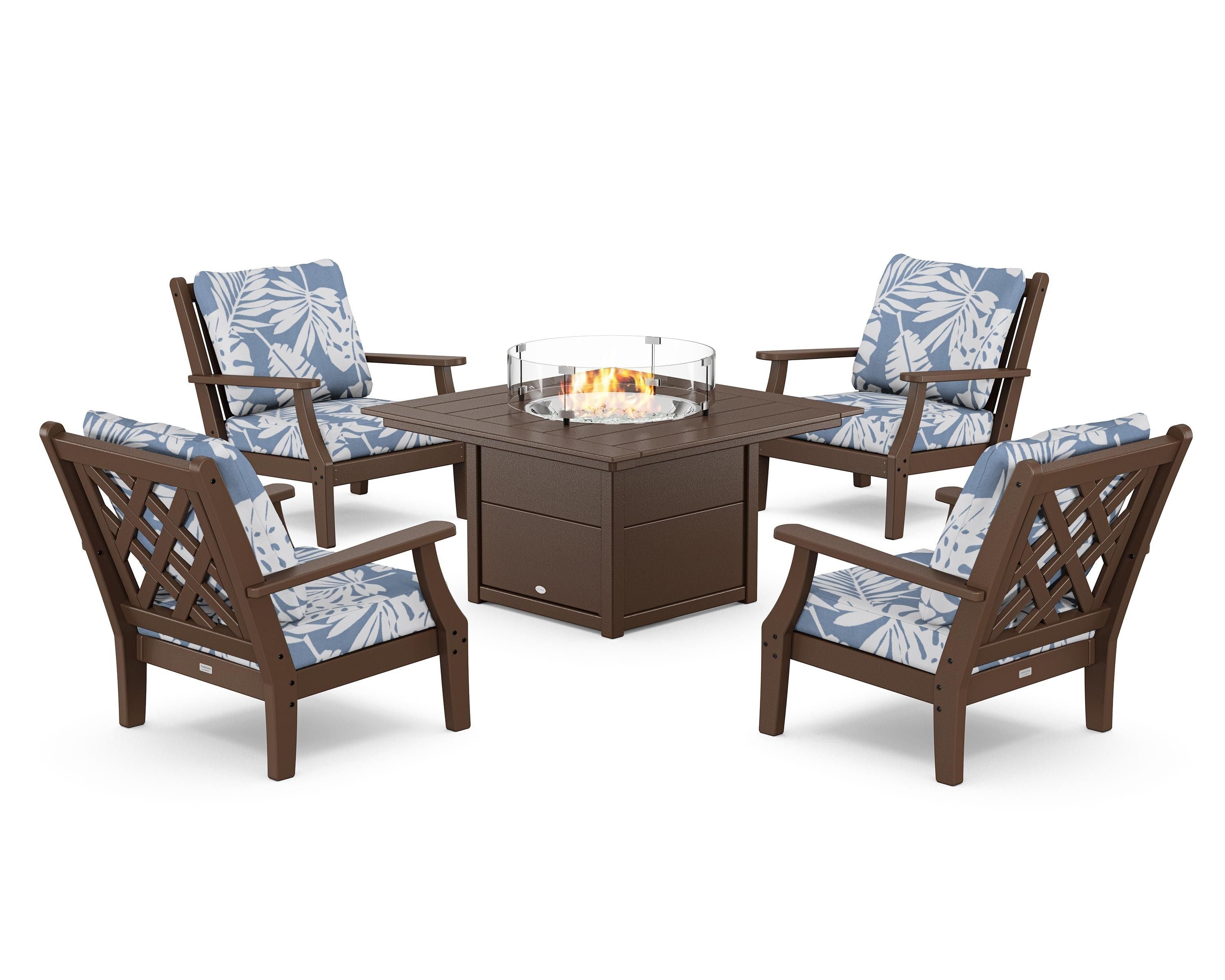 Country Living Wovendale 5-Piece Deep Seating Set with Fire Pit Table in Mahogany / Leaf Sky Blue