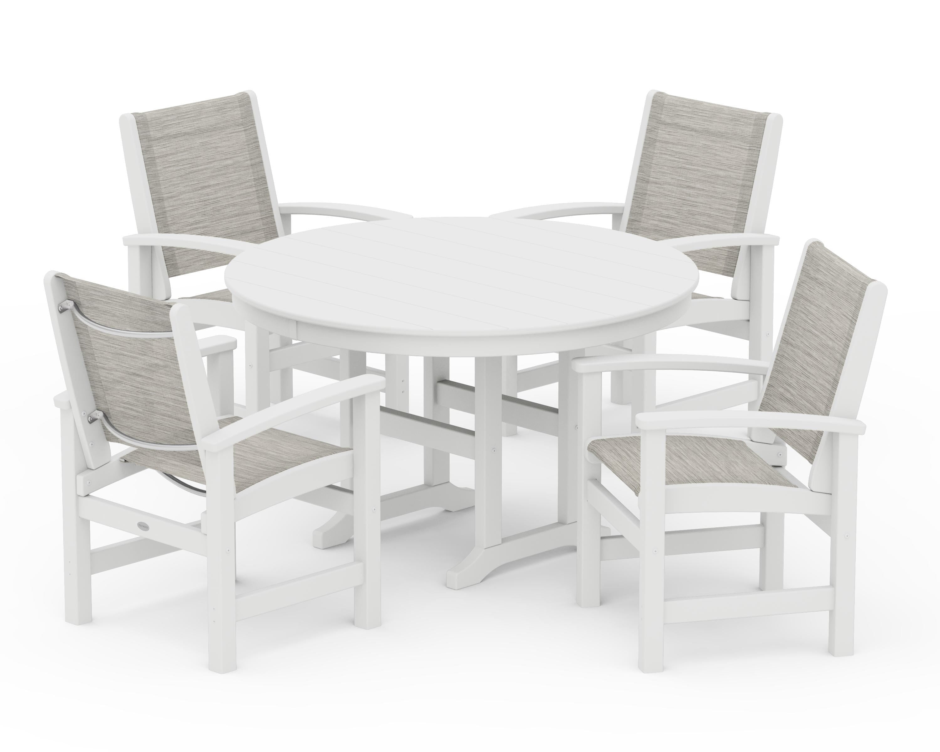 POLYWOOD Coastal 5-Piece Round Farmhouse Dining Set in White / Birch Sling