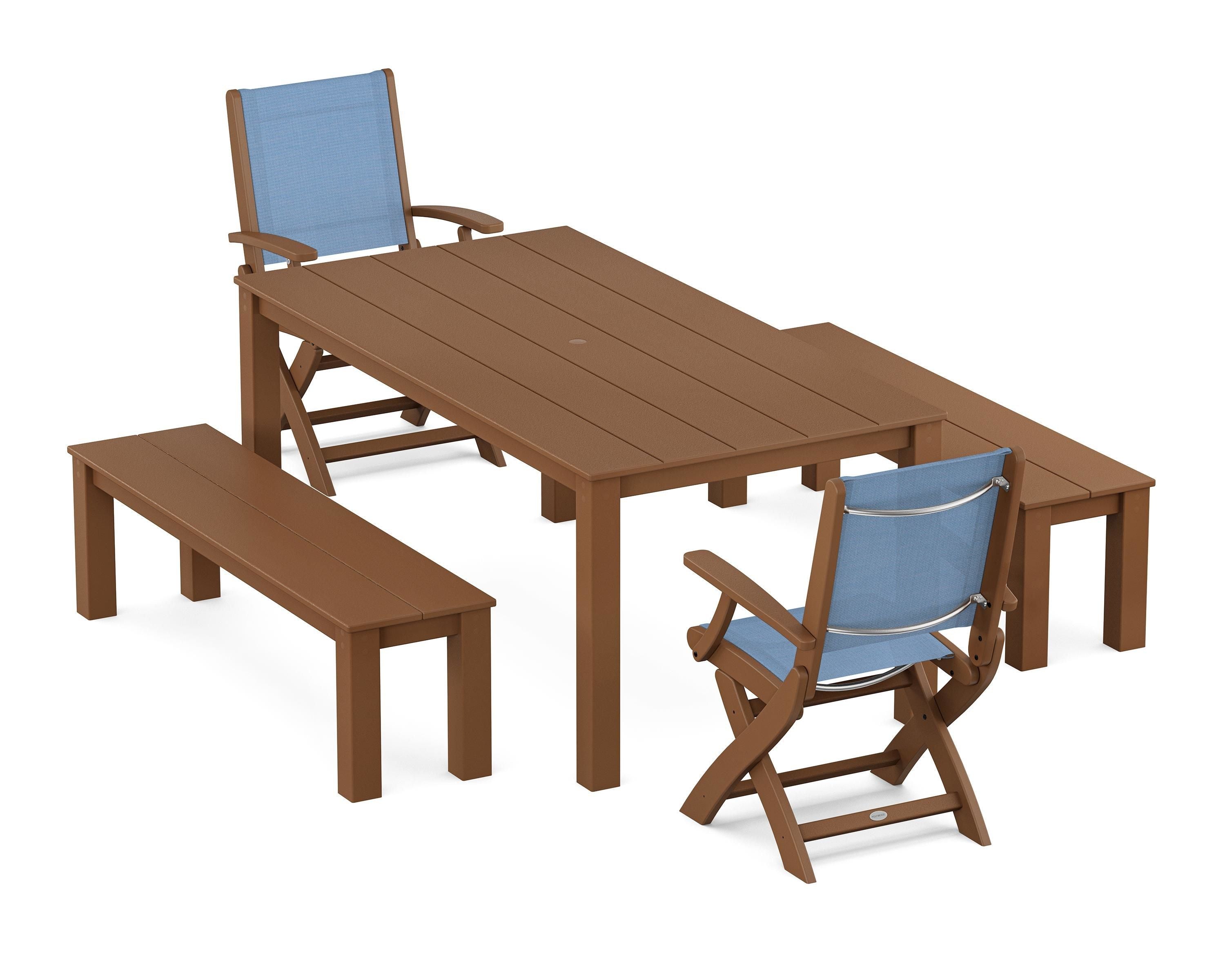 POLYWOOD Coastal Folding Chair 5-Piece Parsons Dining Set with Benches in Teak / Poolside Sling