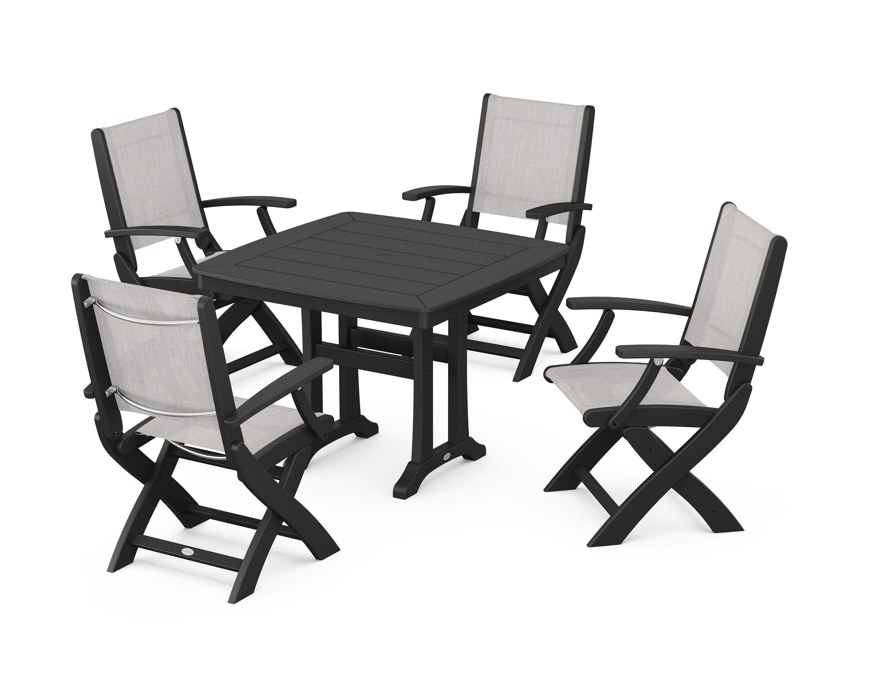 POLYWOOD Coastal Folding Chair 5-Piece Dining Set with Trestle Legs in Black / Parchment Sling