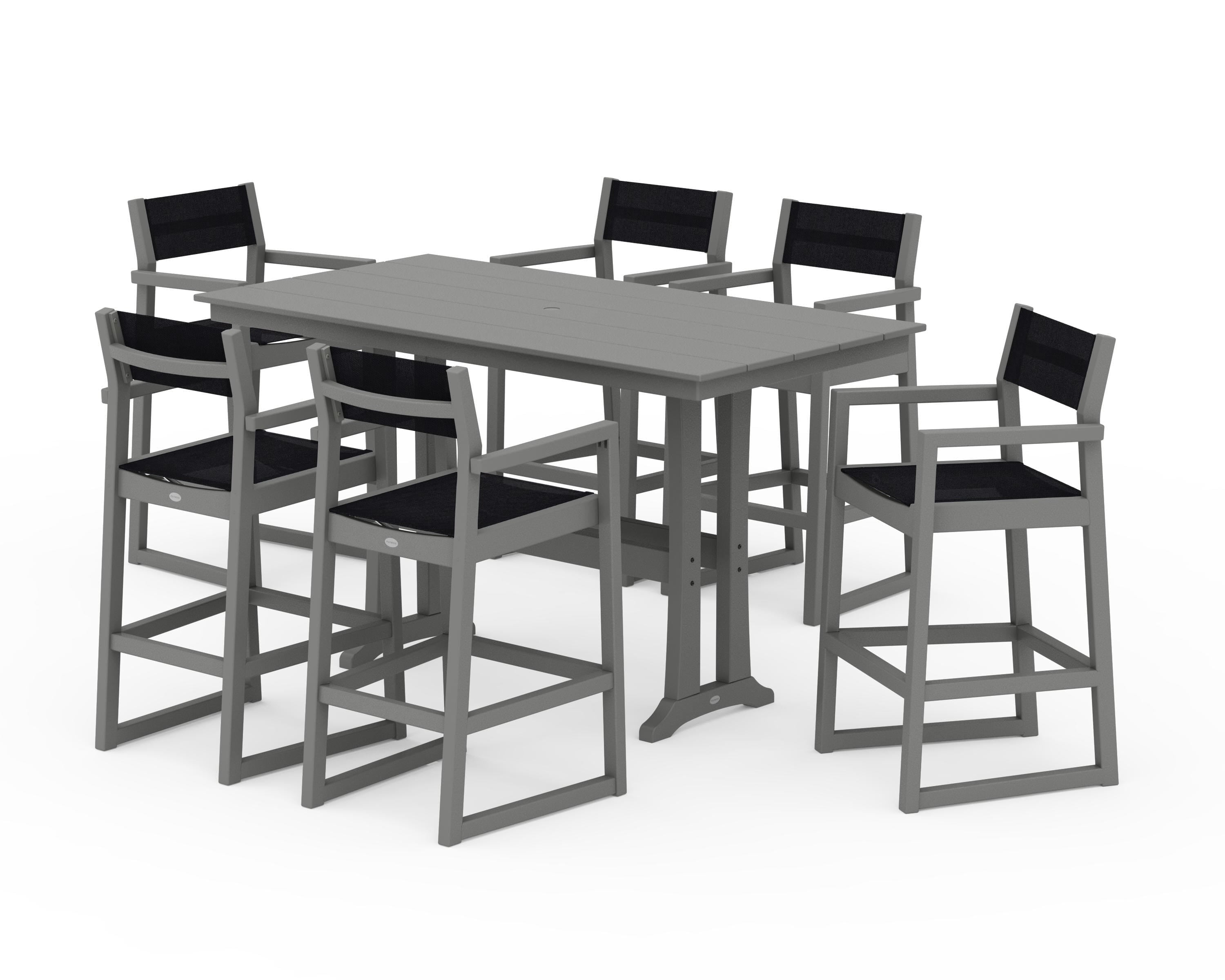 POLYWOOD EDGE Sling Arm Chair 7-Piece Farmhouse Bar Set with Trestle Legs in Slate Grey / Black Sling