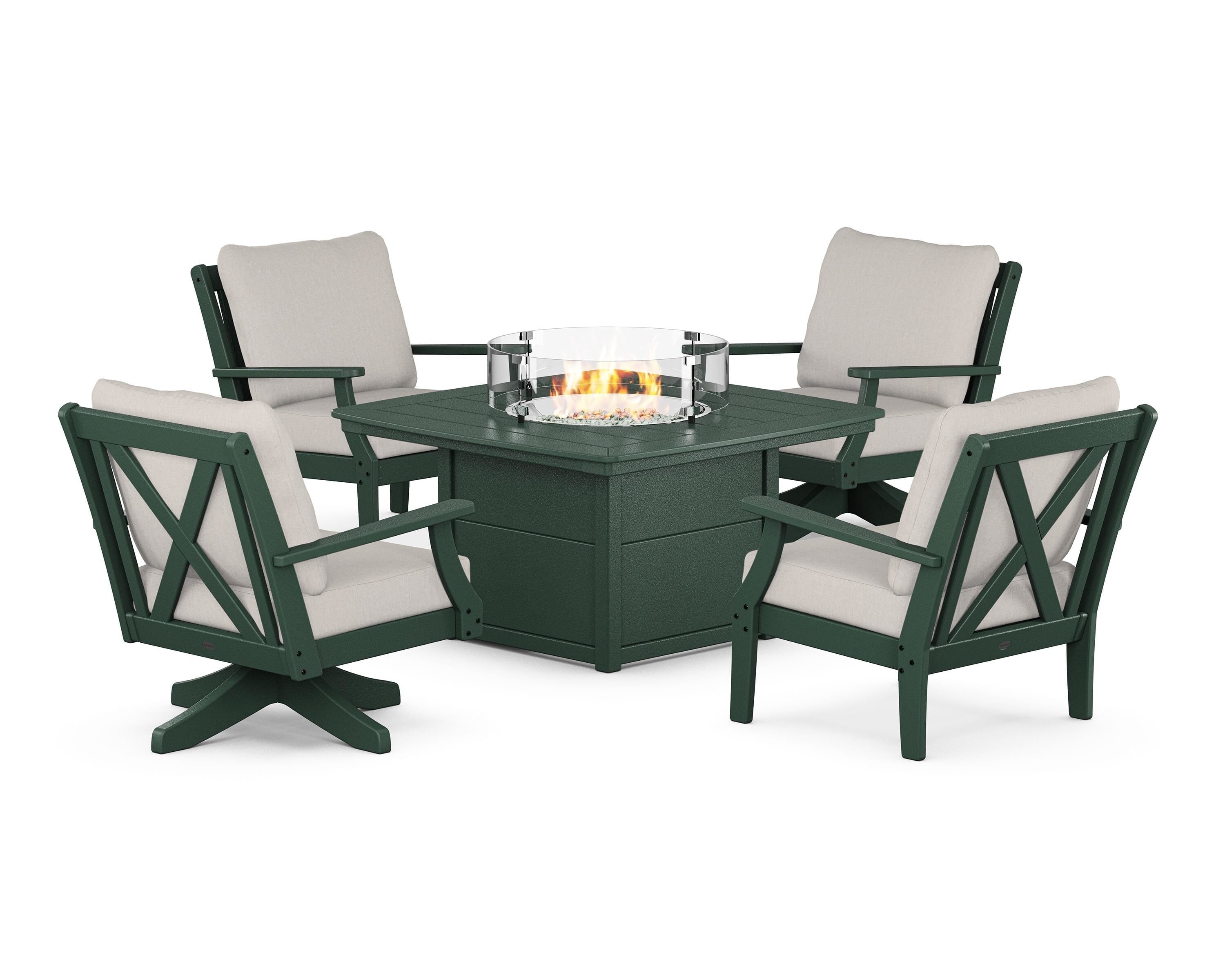 POLYWOOD Braxton 5-Piece Deep Seating Set with Fire Table in Green / Cast Ash