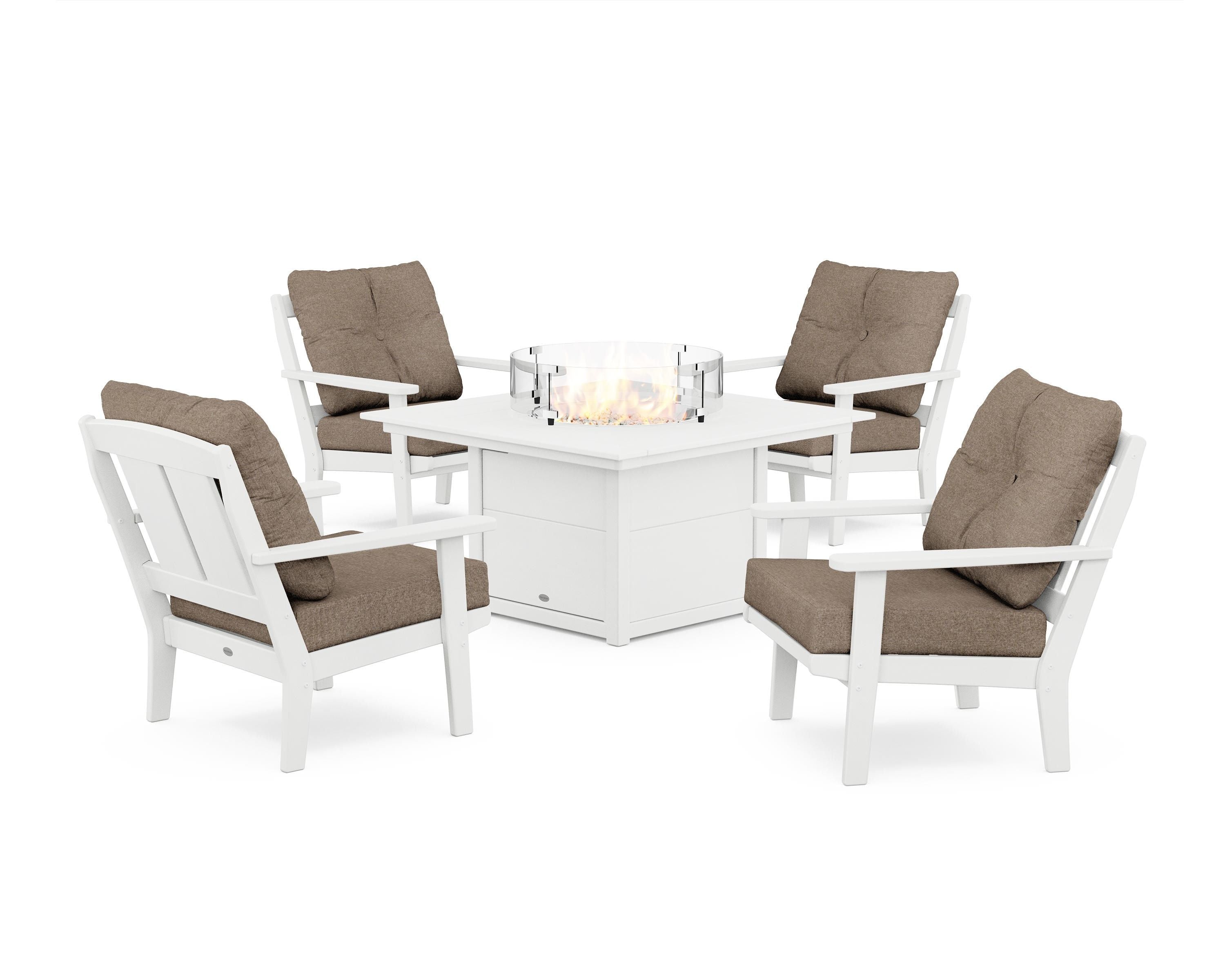 POLYWOOD Mission 5-Piece Deep Seating Set with Fire Pit Table in White / Spiced Burlap