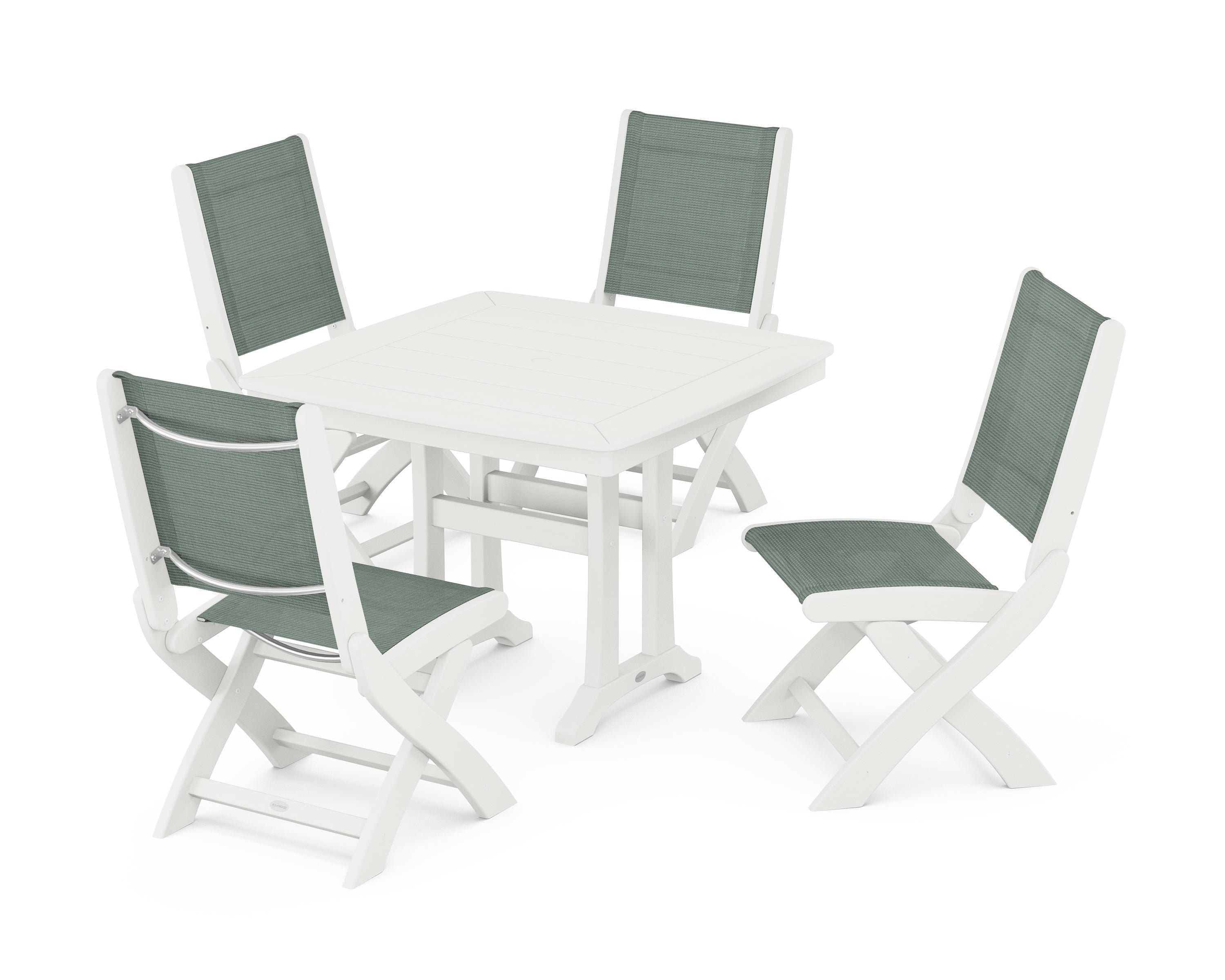 POLYWOOD Coastal Folding Side Chair 5-Piece Dining Set with Trestle Legs in Vintage White / Dupioni Sea Mist Sling