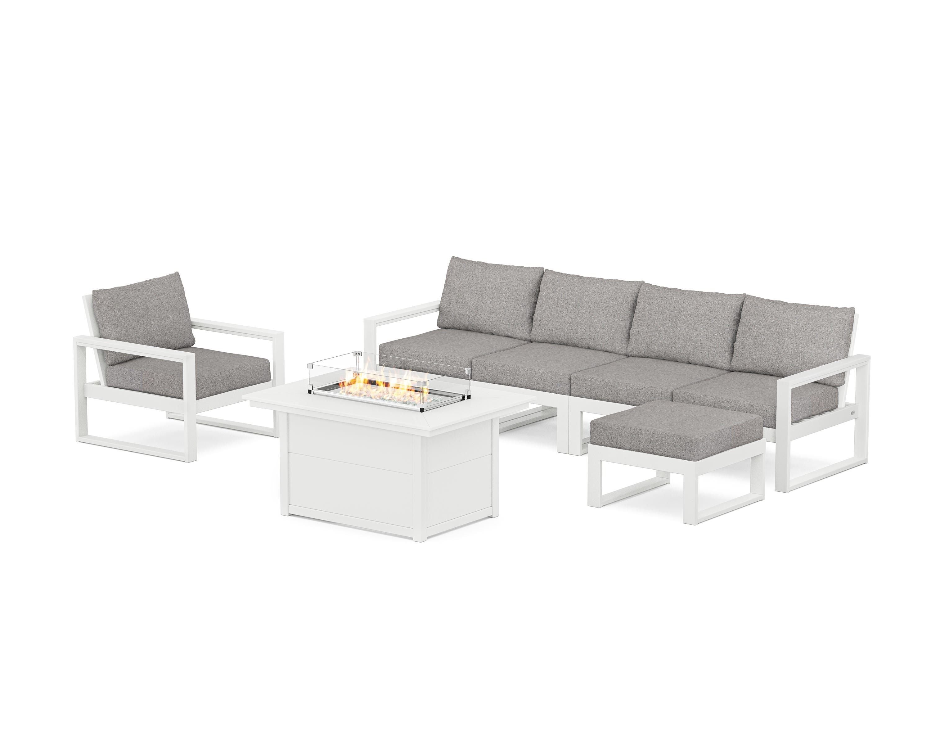 POLYWOOD EDGE Sectional Lounge and Fire Pit Set in White / Grey Mist