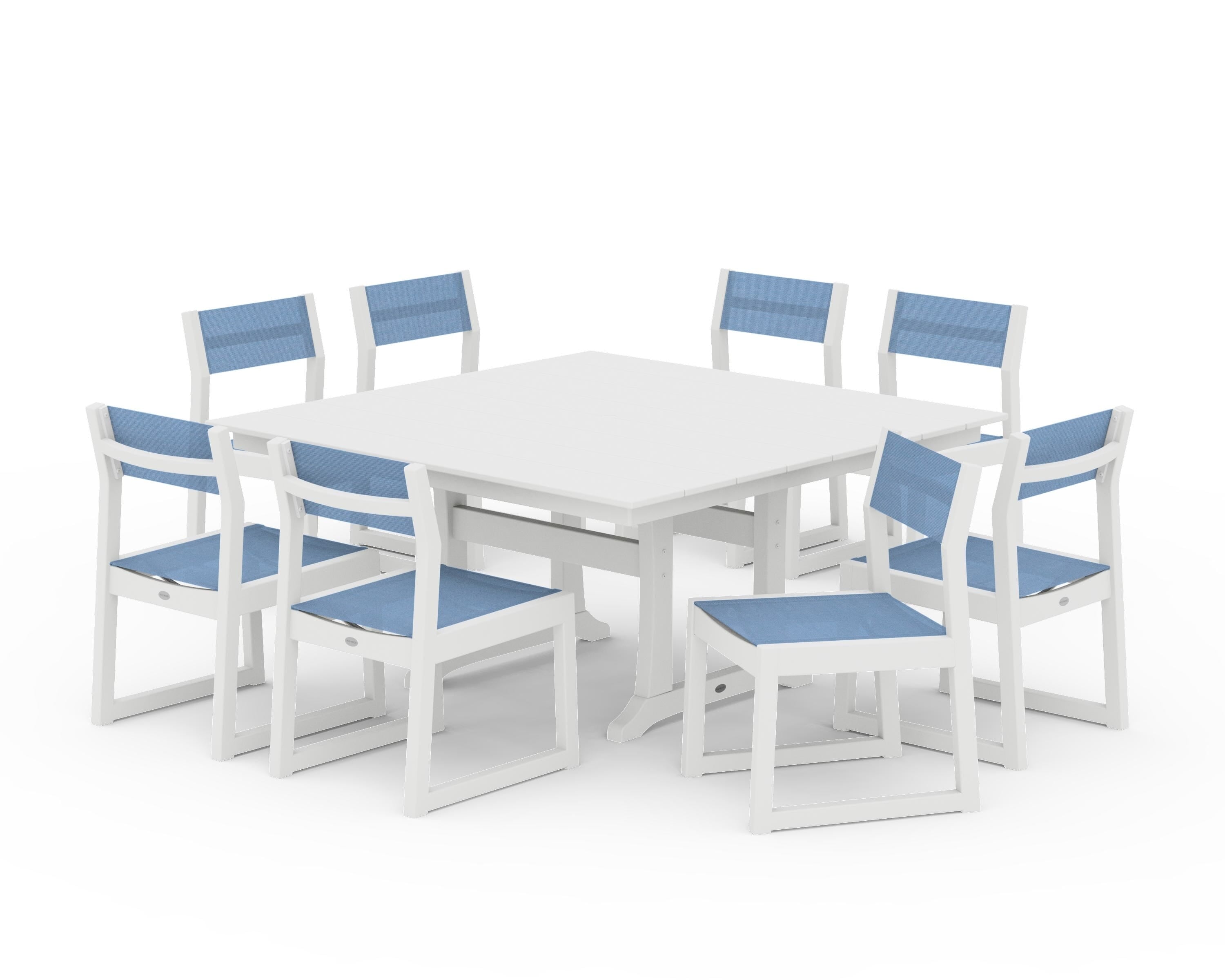 POLYWOOD EDGE Sling Side Chair 9-Piece Farmhouse Trestle Dining Set in White / Poolside Sling