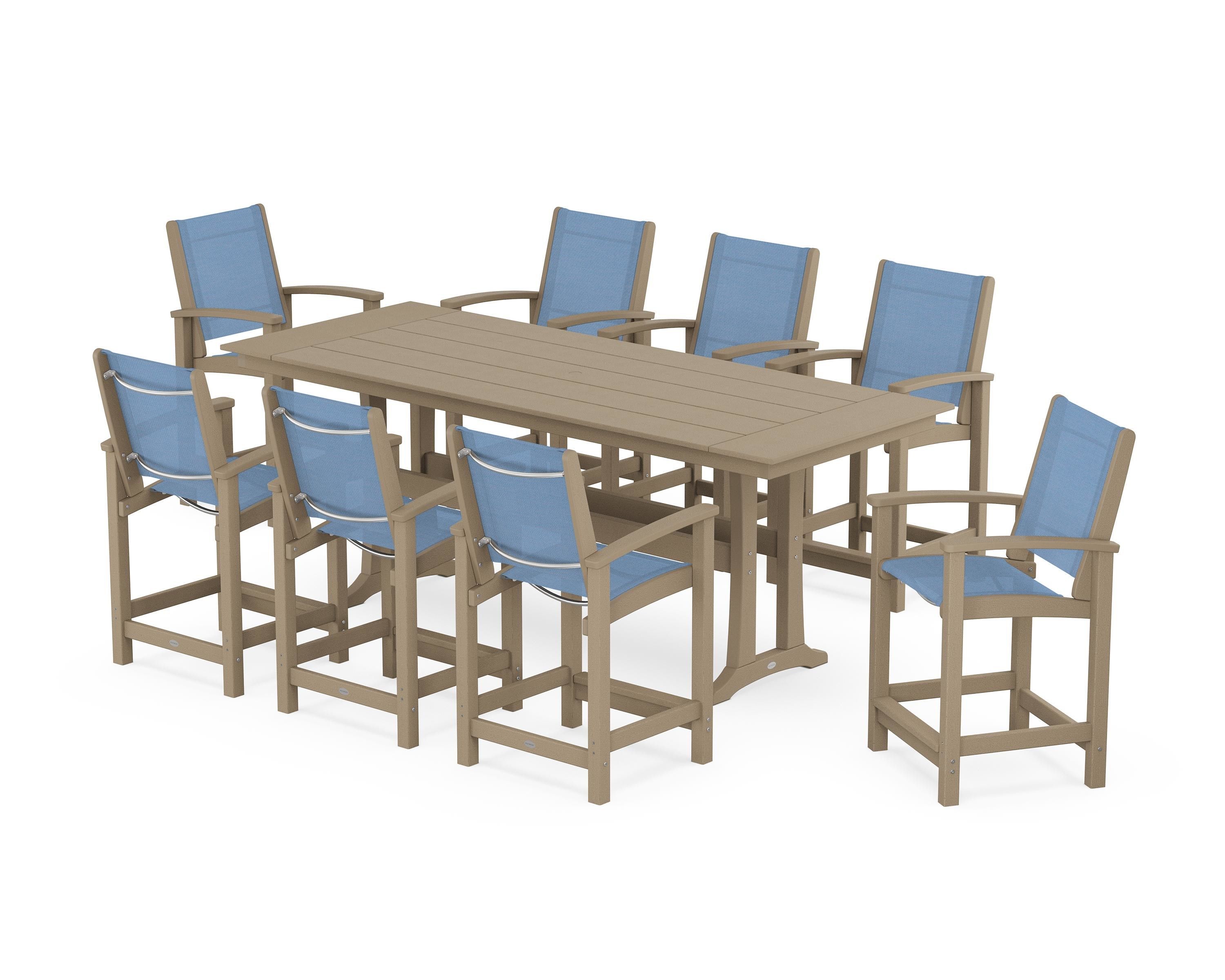 POLYWOOD Coastal 9-Piece Farmhouse Counter Set with Trestle Legs in Vintage Sahara / Poolside Sling